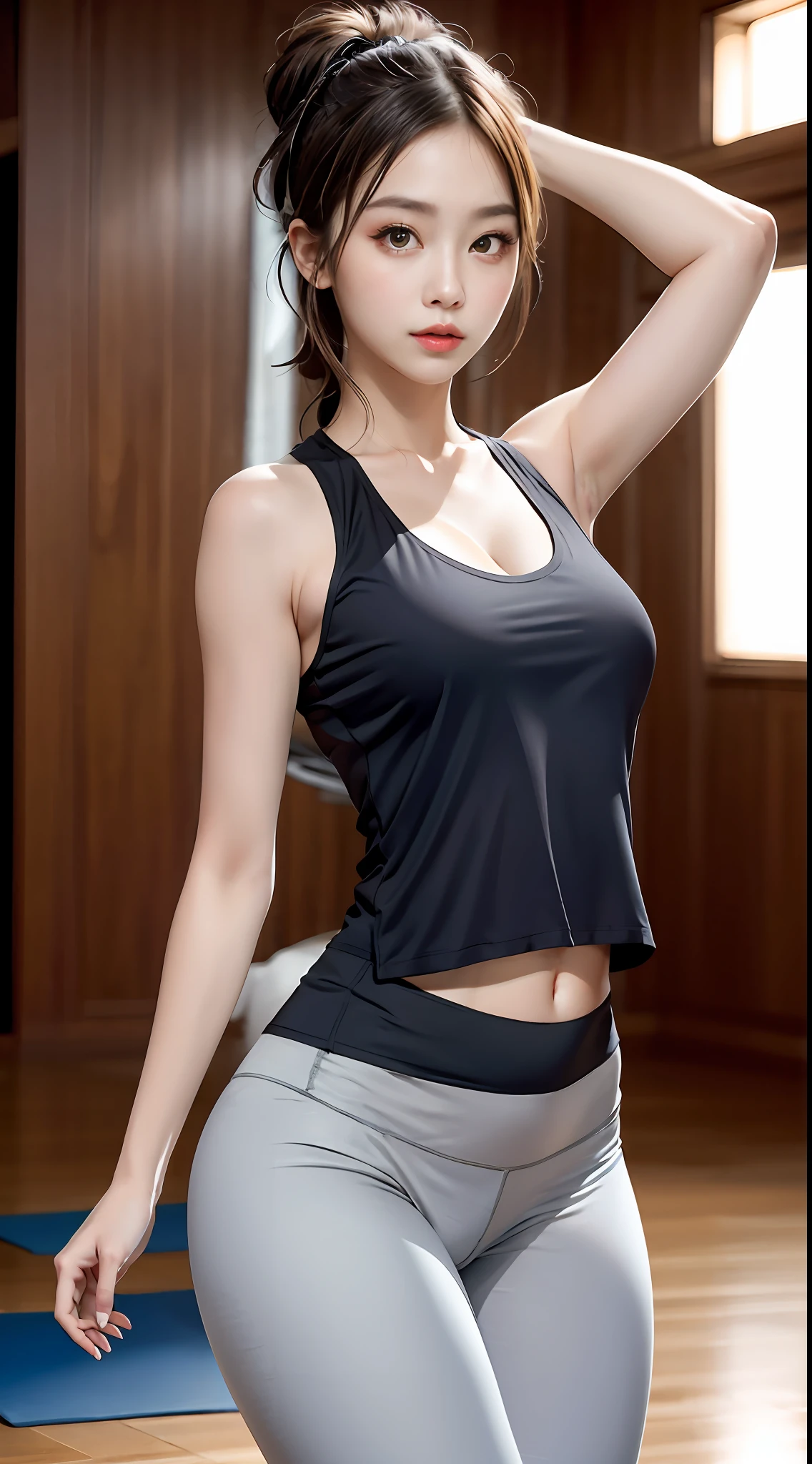 Ultra-realistic 8K CG，(Yoga vest，Yoga midpants)，Hair is tied to death，s the perfect face，flawless perfection，Ren，tmasterpiece，professionalartwork，famousartwork，s the perfect face，beauitful face，beautidful eyes，（（Perfect female body）），独奏，（immersiveatmosphere，lightand shade contrast：1.5，Bright light:1.2,lumnious),,(Blushlush:0.5),Enchanting expression,Ultimate detail_The eye,Exquisite background,depth of fields,photorealestic:1.3,，1girll,full bodyesbian