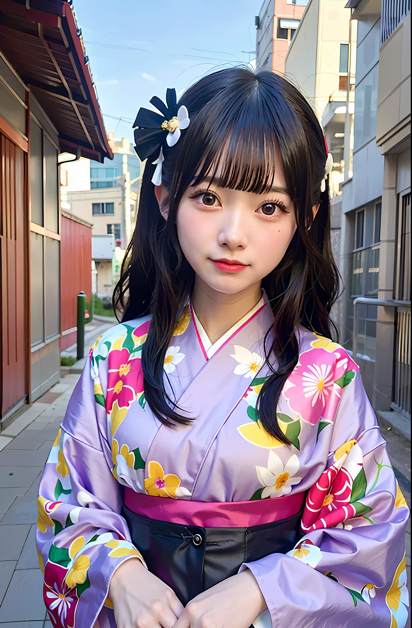 anime girl in kimono outfit standing in alley with flowers in hair, hinata hyuga, hanayamata, shikamimi, anime visual of a young woman, anime visual of a cute girl, kotegawa yui, hinata hyuga from naruto, anime portrait of shiina ringo, misato katsuragi, hana yata, anime waifu