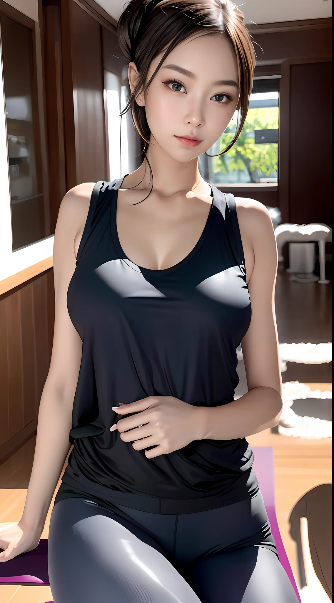 Ultra-realistic 8K CG，(Yoga vest，Yoga midpants)，Hair is tied to death，s the perfect face，flawless perfection，Ren，tmasterpiece，professionalartwork，famousartwork，s the perfect face，beauitful face，beautidful eyes，（（Perfect female body）），独奏，（immersiveatmosphere，lightand shade contrast：1.5，Bright light:1.2,lumnious),,(Blushlush:0.5),Enchanting expression,Ultimate detail_The eye,Exquisite background,depth of fields,photorealestic:1.3,，1girll,full bodyesbian