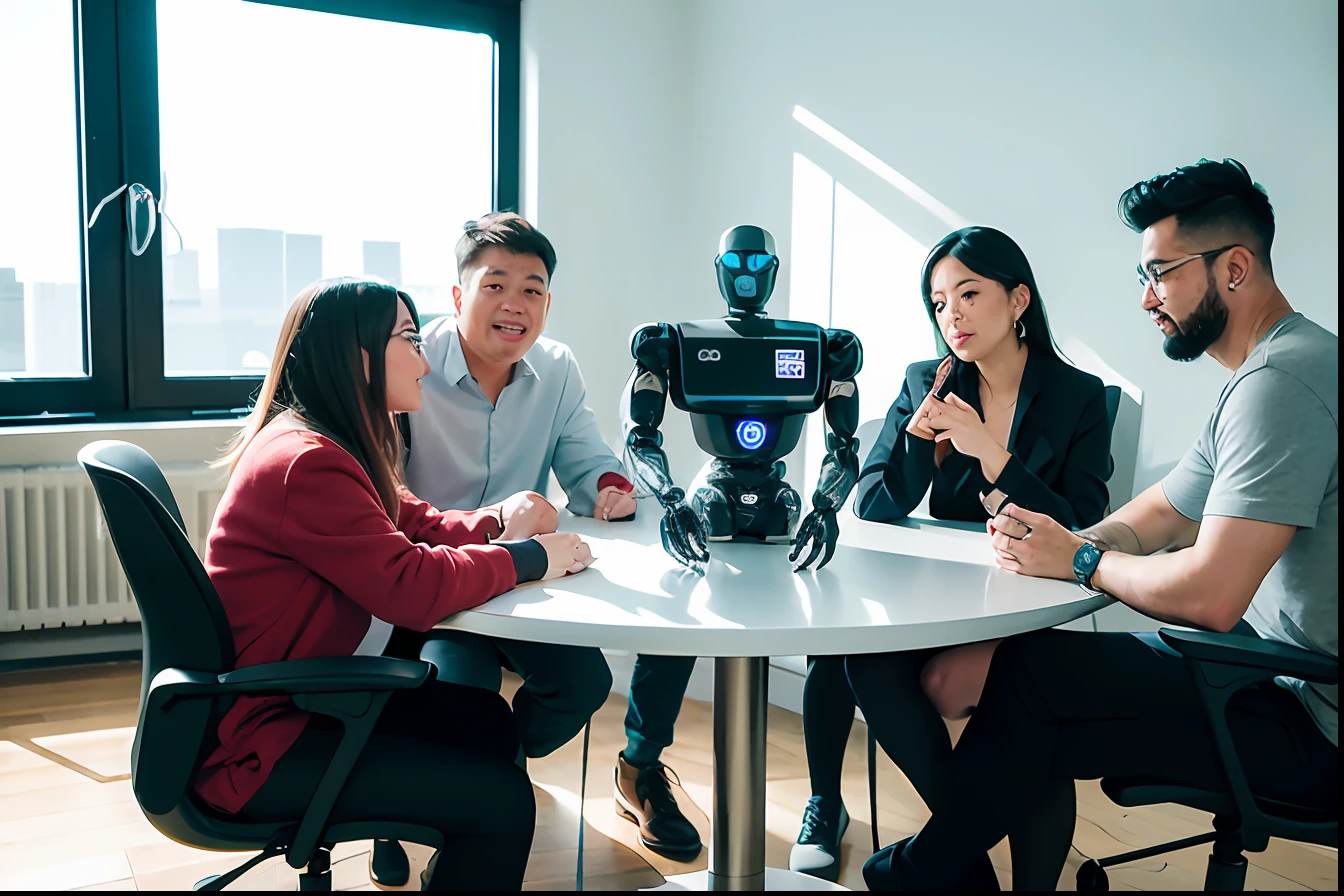 several people are gathered around a table with a robot on it, endless collaboration with ai, strong artificial intelligence, ai producing the realist, cyborgs working, robotic, artificial intelligence, robot with human face, with ai theme, humanoid robots, ai researcher, the most advanced humanoid robot, robotics, ai startup, who is a robot”, artificial intelligence machine