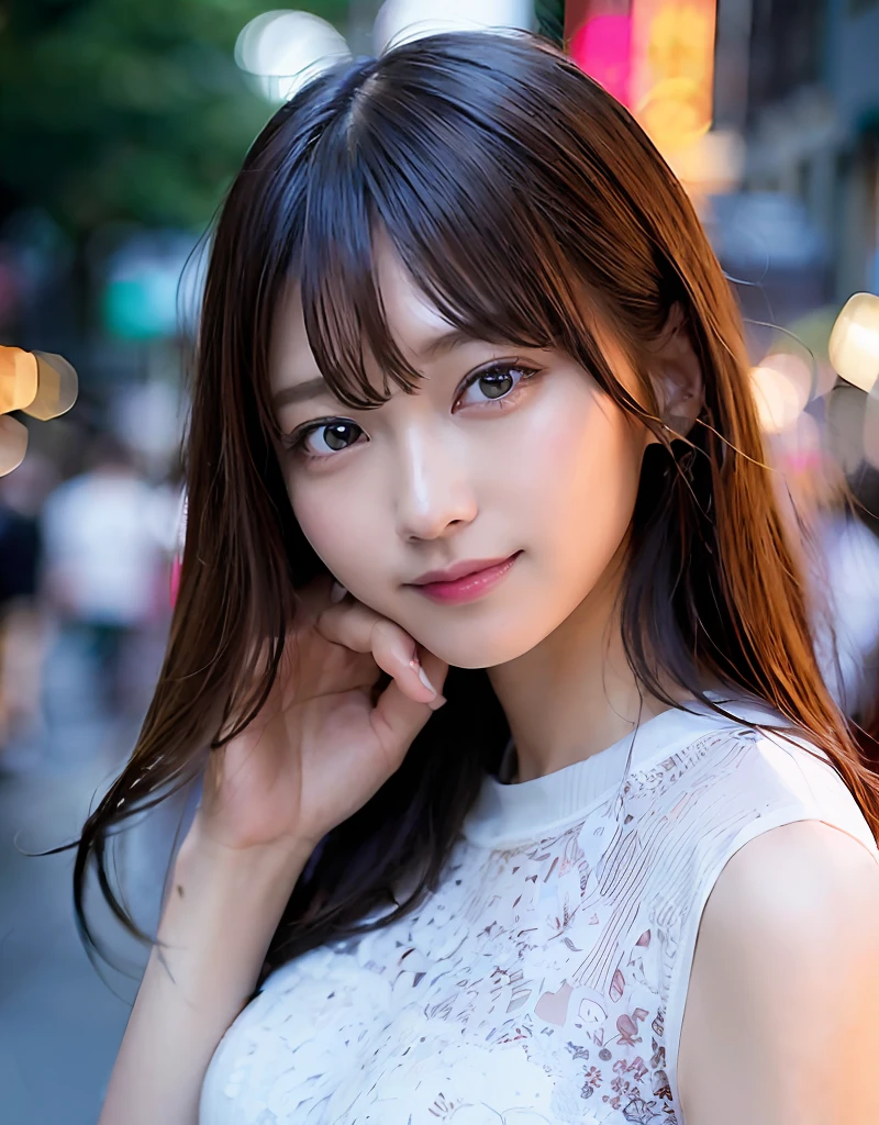 (top-quality、hight resolution、​masterpiece:1.3)、Pretty women、slender figures、dark brown hair、tshirts、(Street in city at night)、Highly detailed facial and skin texture、A detailed eye、二重まぶた、a smile