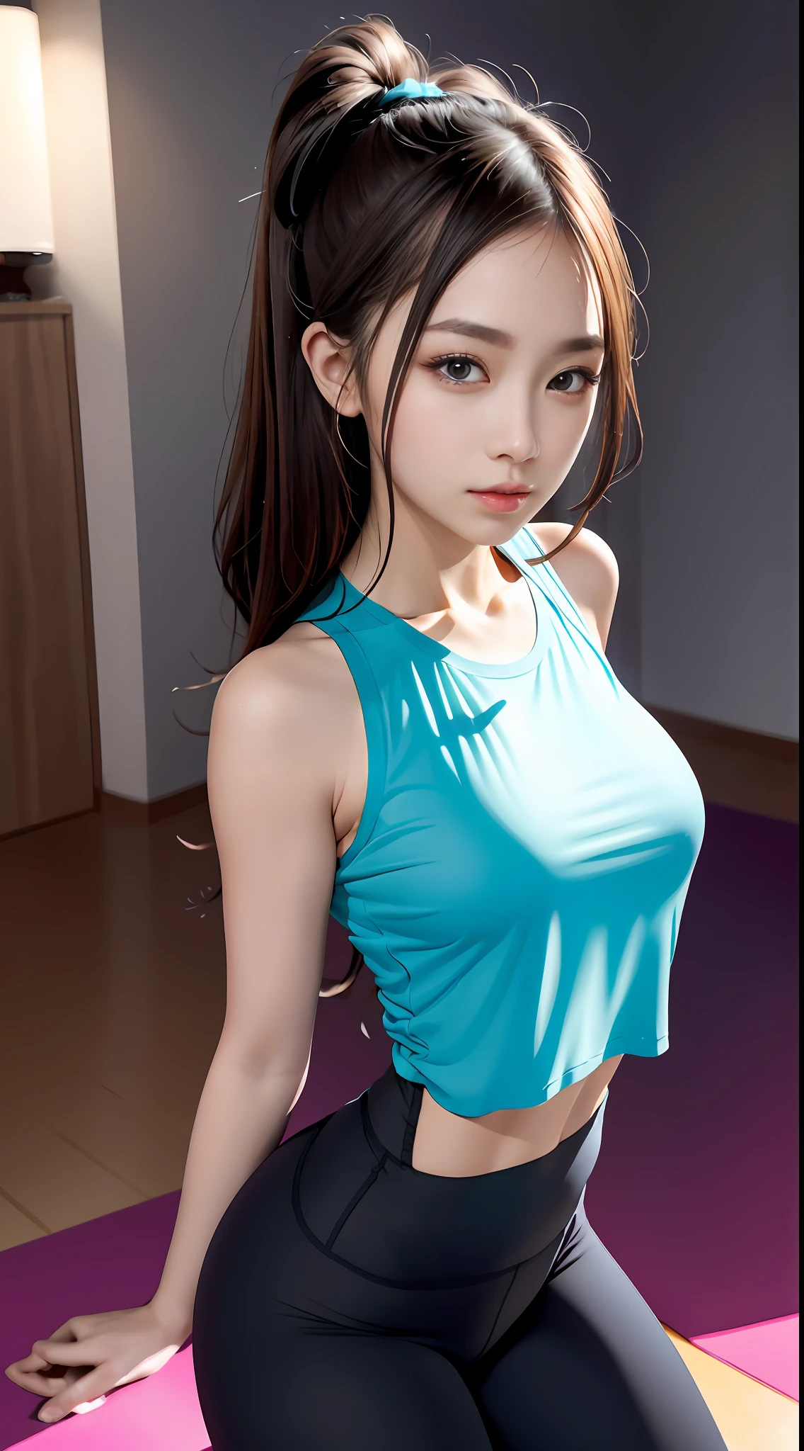 Ultra-realistic 8K CG,(Yoga vest,Yoga midpants),Hair is tied to death,s the perfect face,flawless perfection,Ren,tmasterpiece,professionalartwork,famousartwork,s the perfect face,beauitful face,beautidful eyes,((Perfect female body)),独奏,(immersiveatmosphere,lightand shade contrast:1.5,Bright light:1.2,lumnious),,(Blushlush:0.5),Enchanting expression,Ultimate detail_The eye,Exquisite background,depth of fields,photorealestic:1.3,,1girll,full bodyesbian