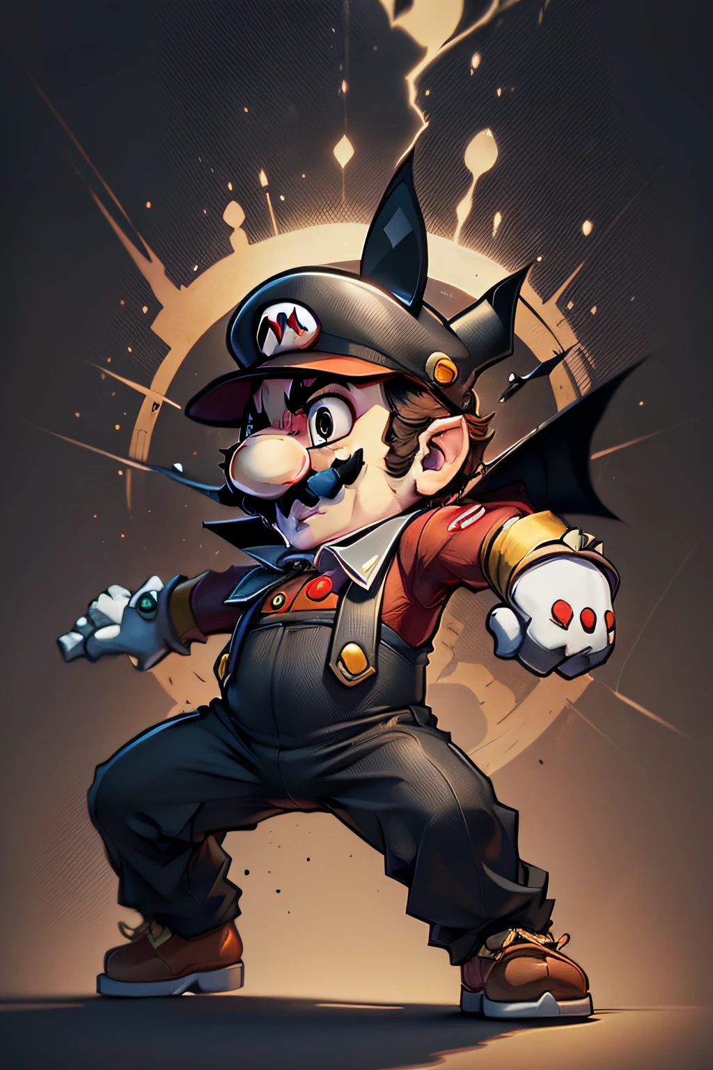 super mario, design do traje de morcego, (Terno Preto), Pro Vetor, hat with bat ears, cores vibrantes, arms spread open, etiqueta