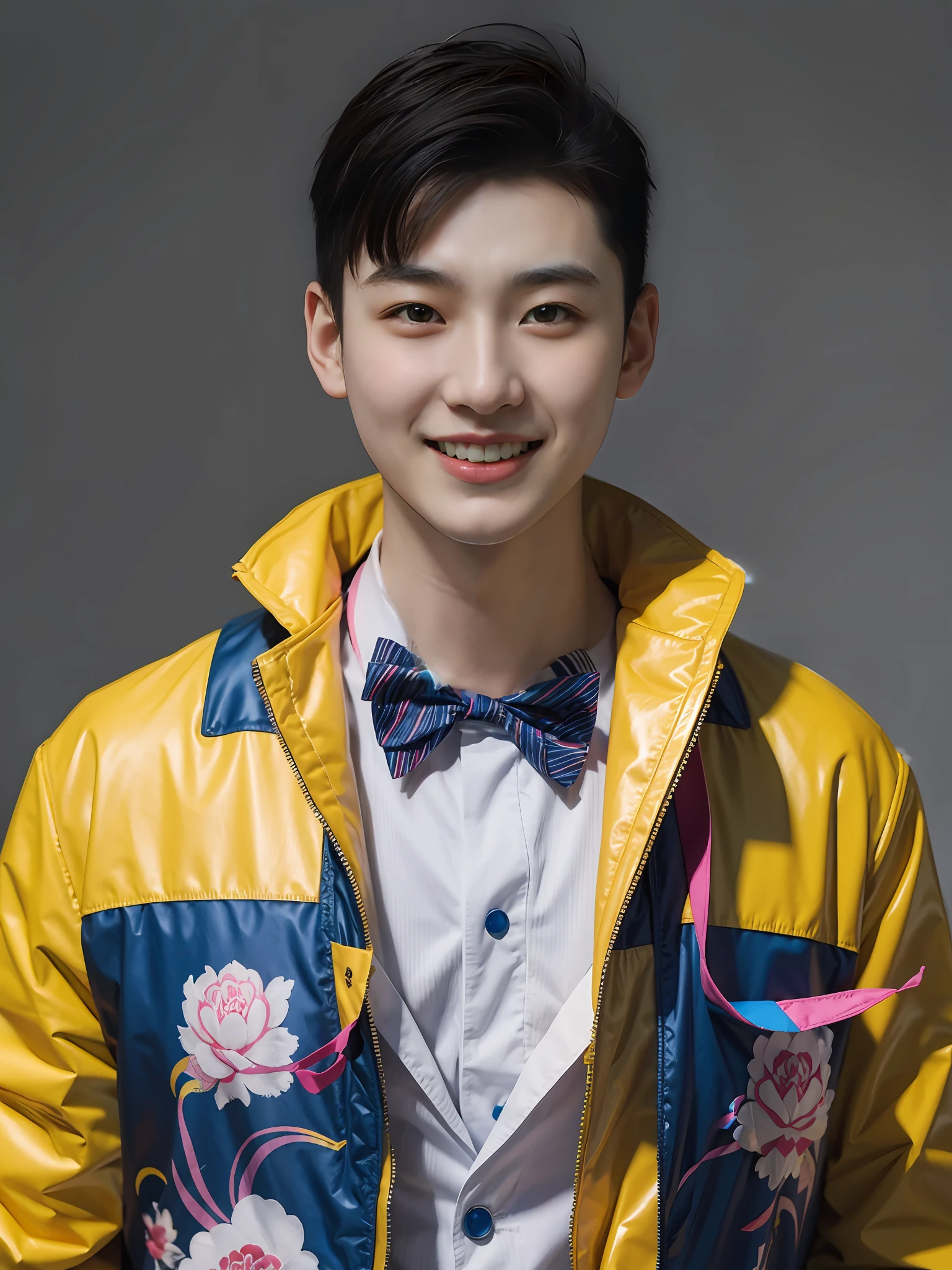 A Chinese male high school student，Wearing a colorful vest suit。