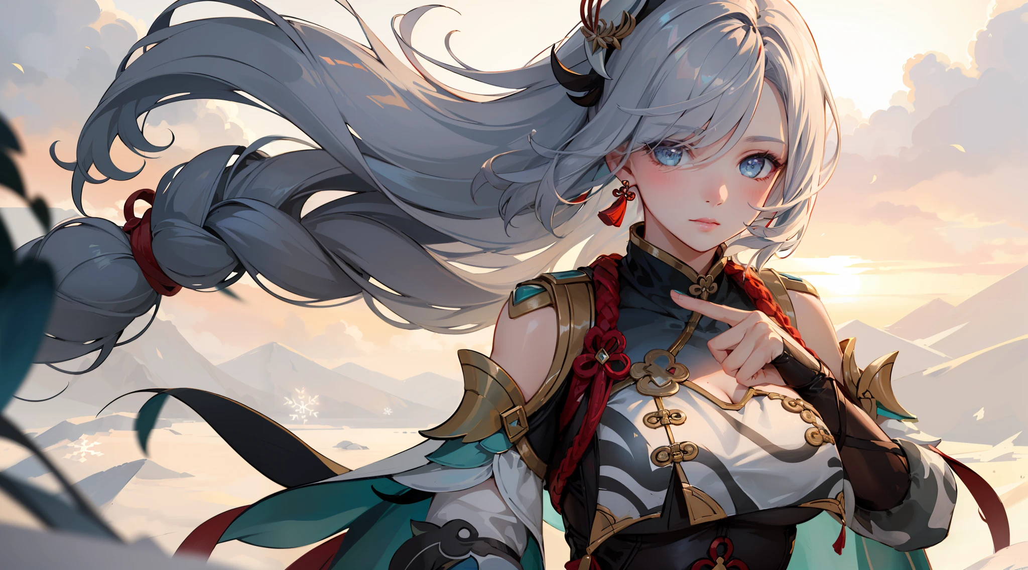shenhedef, upper body, seductive look, blush, outdoors, snowflake scenery, looking at viewer, cloudy, moody lighting, (perfect detail eyes:1.2), glowing eyes, (long hair one braid:1.2), elemental skill effect, (Masterpiece, Best Quality, High Quality:1.4), professional artwork, Intricate Details, field of view, sharp focus, detailed painting, photorealistic lighting, trending on pixiv, (vivid lighting, vibrant colors:1.05), realistic shadows, ambient occlusion, (athletic body:1.3), mature woman, 30yo, torn clothes