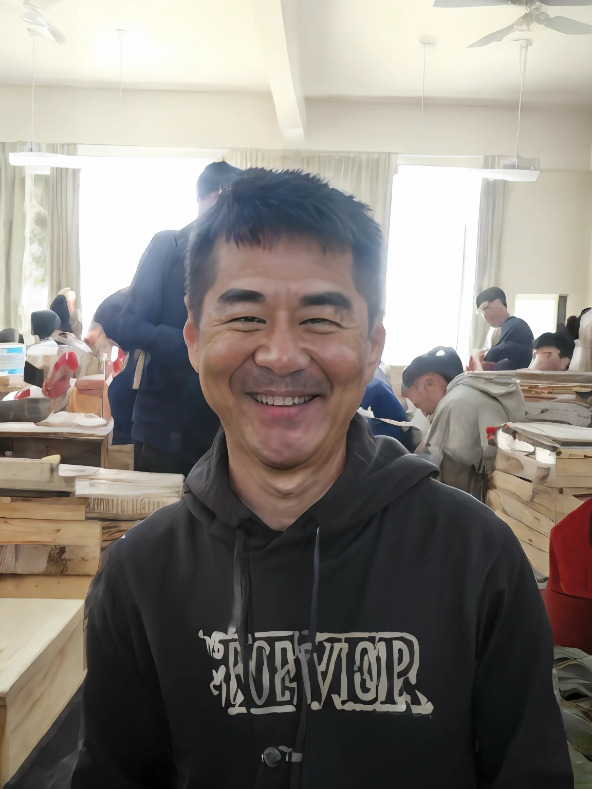 RAW photo, a portrait photo of 55 y.oh oh oh,mtu, traveling clothes, Standing in the forest, Natural skin, 8K UHD, High quality, filmgrain, Fujifilm XT3 makes the man in the photo smile even brighter and do not change anything else to keep it as it is