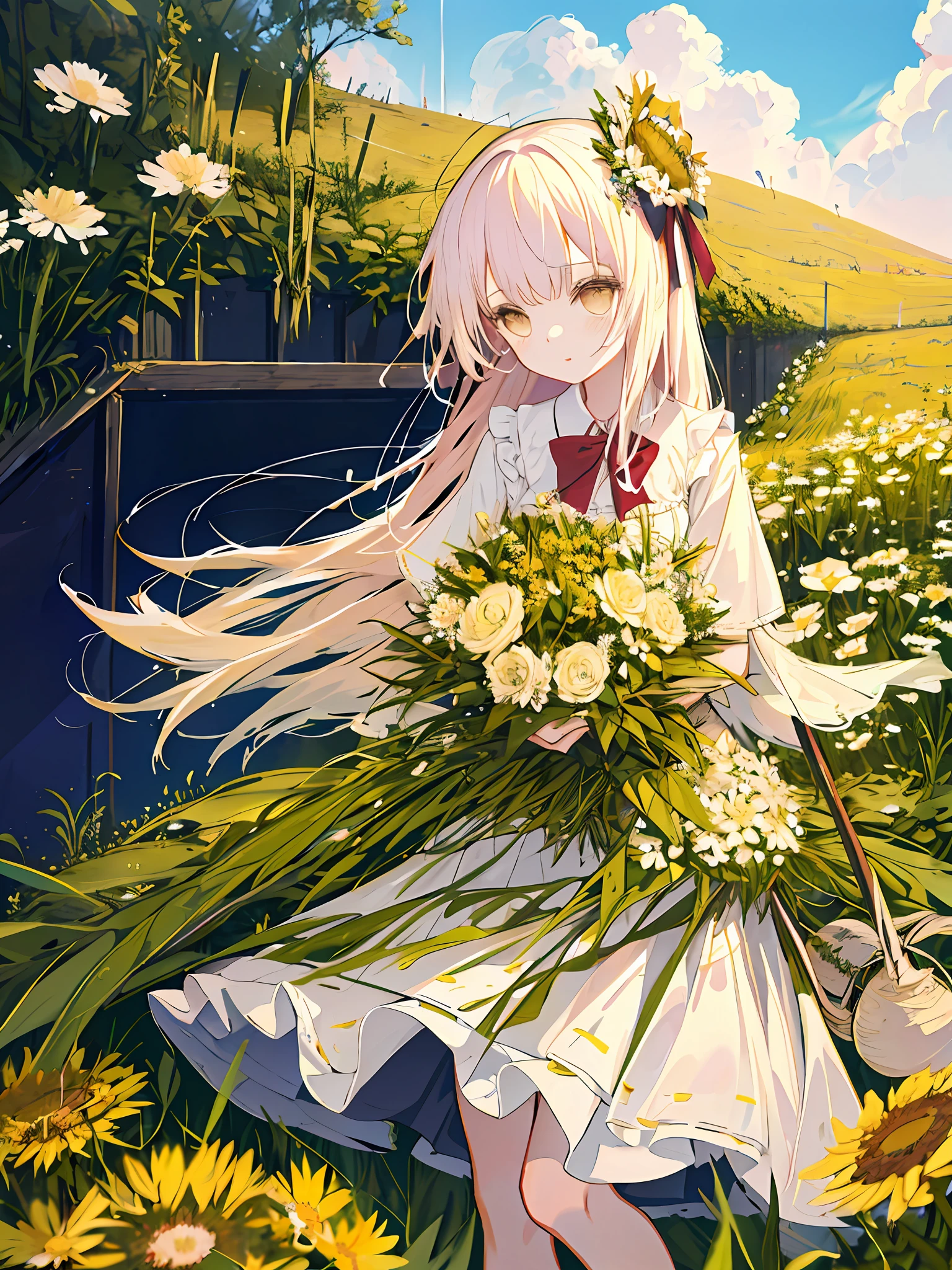 masutepiece，best qualtiy，One with light-colored hair，Girl in soft clothes，Looking at the girl in the dandelion flower field with no future