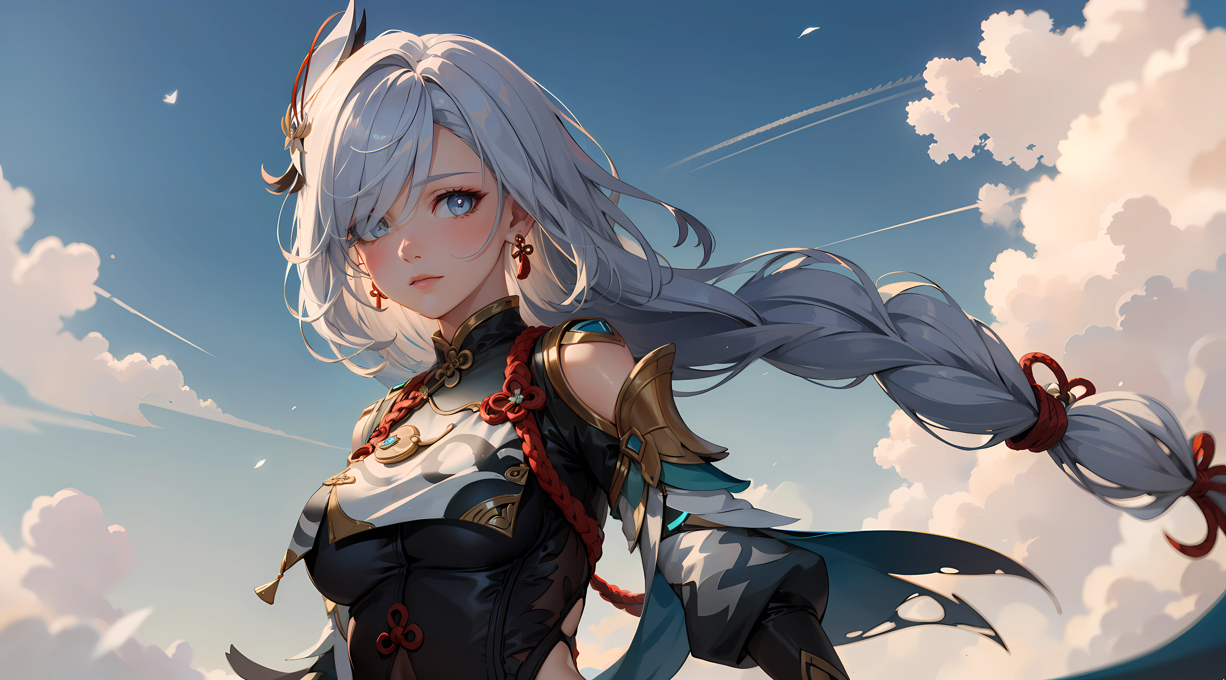 shenhedef, upper body, seductive look, blush, outdoors, snowflake scenery, looking at viewer, cloudy, moody lighting, (perfect detail eyes:1.2), glowing eyes, (long hair one braid:1.2), elemental skill effect, (Masterpiece, Best Quality, High Quality:1.4), professional artwork, Intricate Details, field of view, sharp focus, detailed painting, photorealistic lighting, trending on pixiv, (vivid lighting, vibrant colors:1.05), realistic shadows, ambient occlusion, (athletic body:1.3), mature woman, 30yo, torn clothes