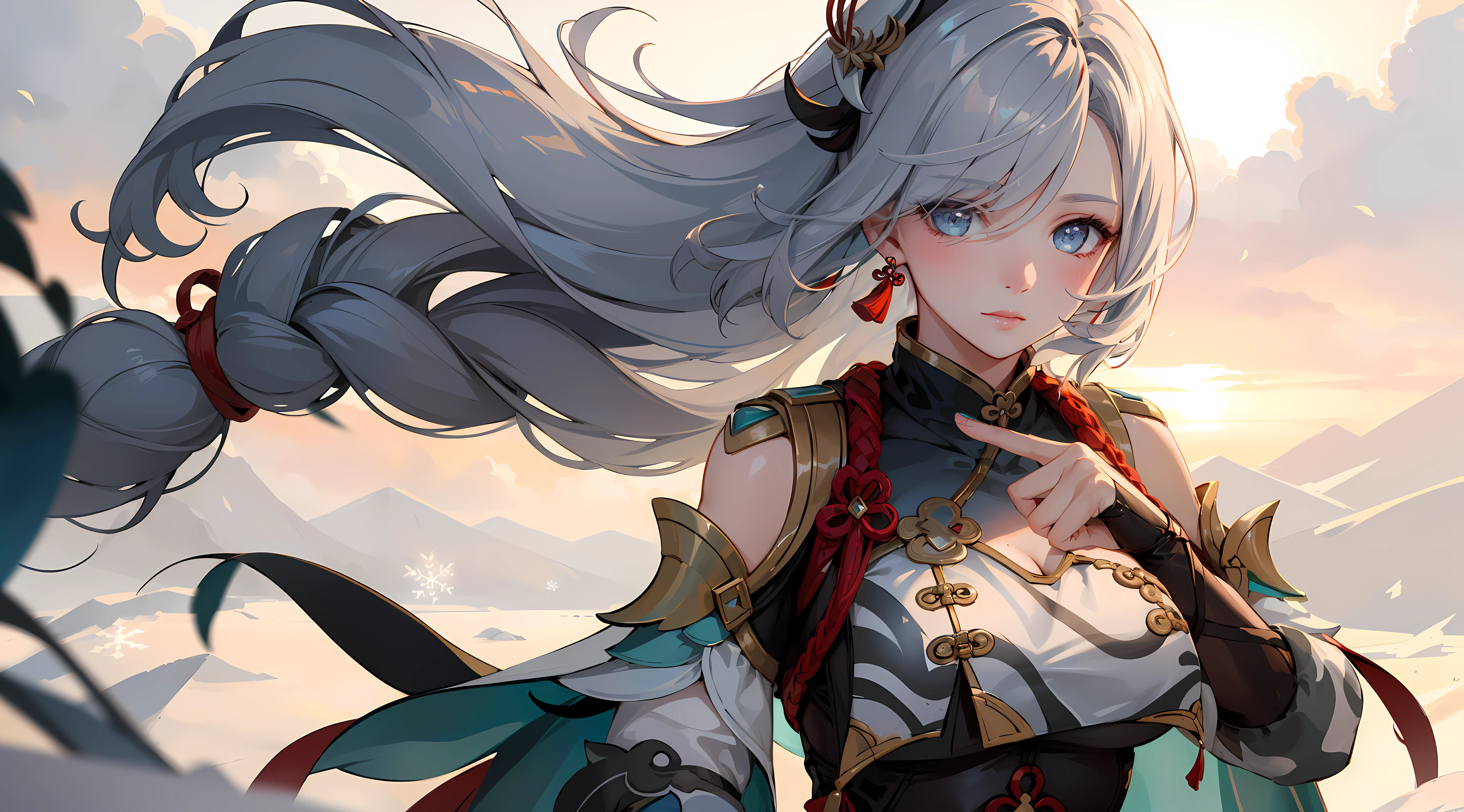 shenhedef, upper body, seductive look, blush, outdoors, snowflake scenery, looking at viewer, cloudy, moody lighting, (perfect detail eyes:1.2), glowing eyes, (long hair one braid:1.2), elemental skill effect, (Masterpiece, Best Quality, High Quality:1.4), professional artwork, Intricate Details, field of view, sharp focus, detailed painting, photorealistic lighting, trending on pixiv, (vivid lighting, vibrant colors:1.05), realistic shadows, ambient occlusion, (athletic body:1.3), mature woman, 30yo, torn clothes