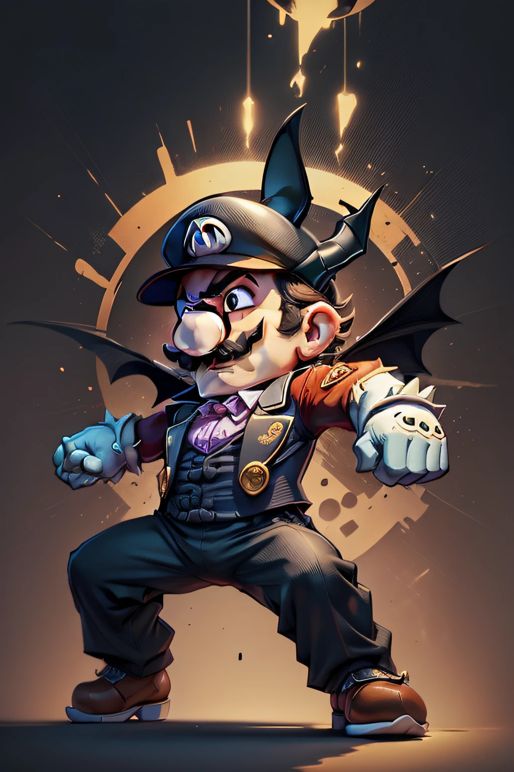 super mario, design do traje de morcego, (Terno Preto), Pro Vetor, hat with bat ears, cores vibrantes, arms spread open, etiqueta