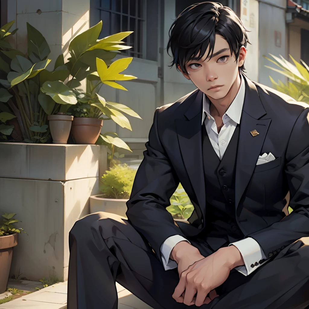Man dressed in suit, thoughtful look of black hair, sitting within a meter of tokio looks like lee Jun ho.