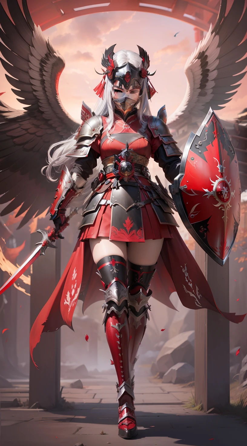 (best quality, masterpiece:1.1), (realistic:1.4), 1girl, beatifull face, silver hair, dark red medium sword in right hand, red and black heavy shield in left hand, shogun armor, using shogun helm, red and black 6 wings, ultra detailing