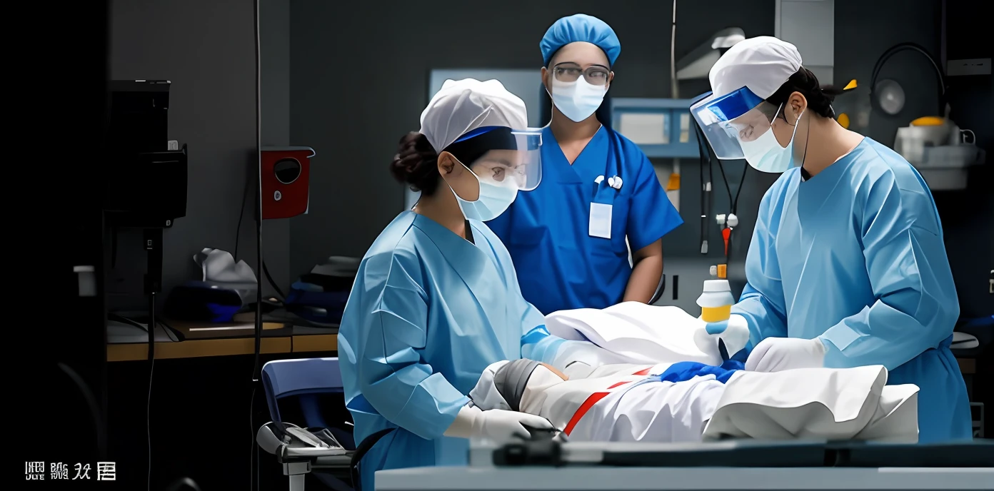 in a hospital, Several doctors in protective suits, Dust cap, goggles, mitts, And operate on the operating table，On the table in the middle lay a man covered with a blue cloth