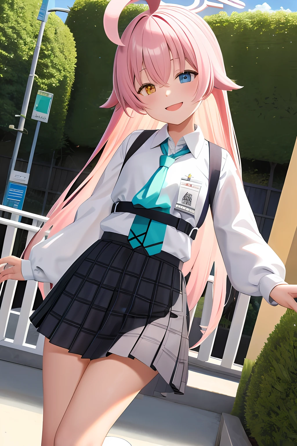 masterpiece, best quality, ultra-detailed, 1girl, hoshino, white shirt, pleated skirt, smile, standing, outdoors