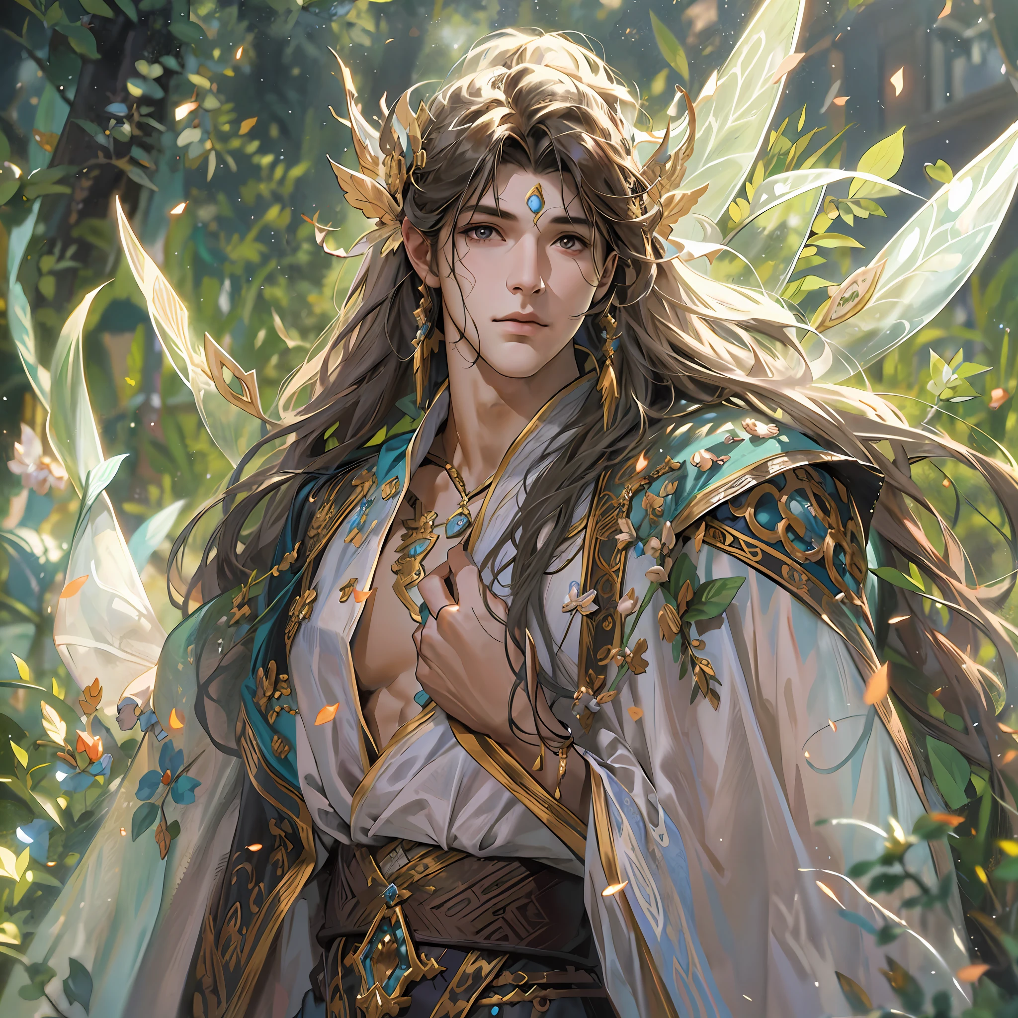 1boy ，Ancient fairy costumes，with brown eye ，Long flowing hair，cool guy，Clean face，Cool，Cold，Semi-realistic,Meticulous facial features,Wearing exquisite fairy costumes,NSFW,tmasterpiece,Need,super-fine,best qualtiy，Unreal 5，rendering by octane