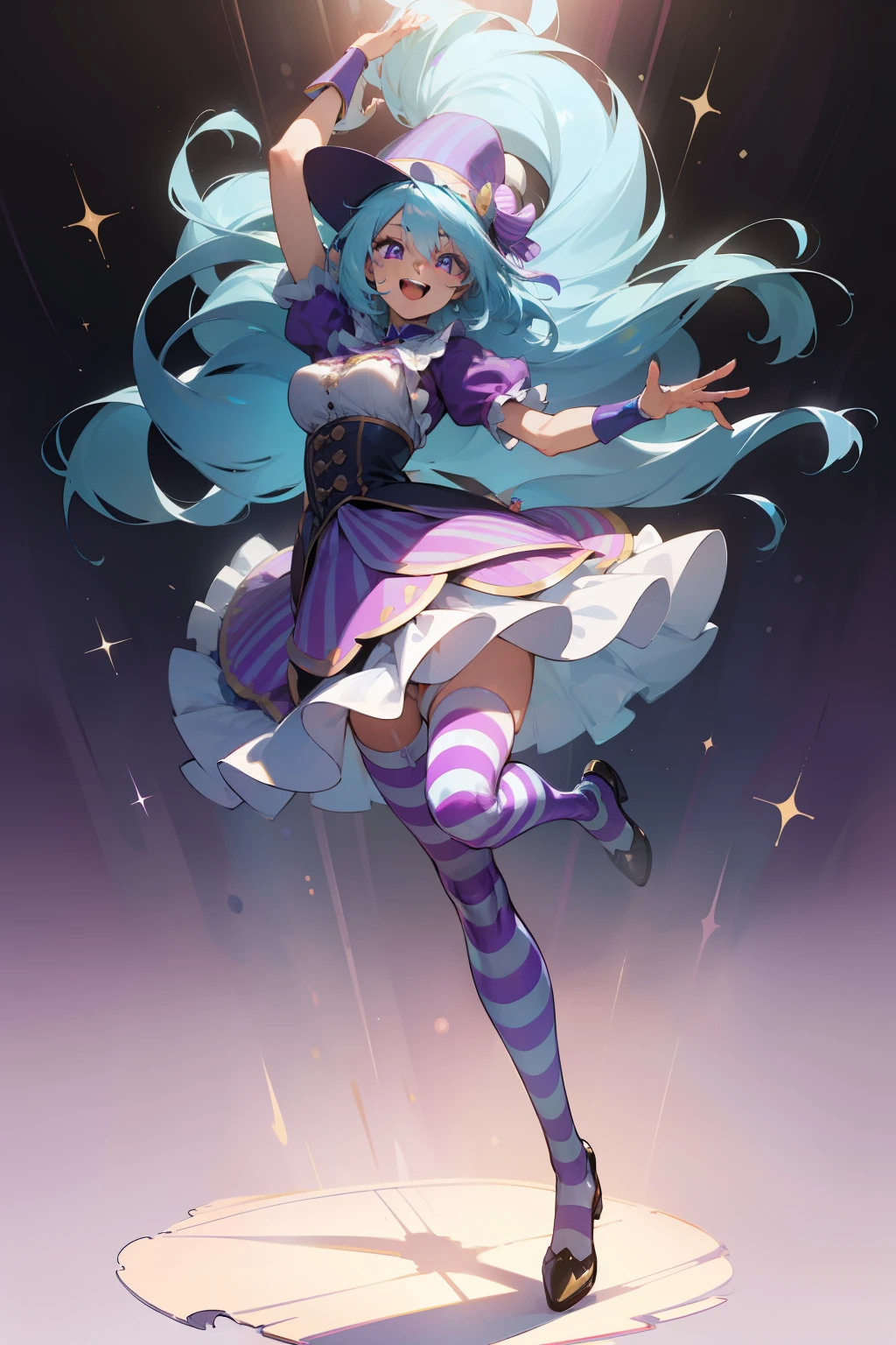 (masterpiece, best quality), intricate details, 8k, sharp focus, (bokeh) (best quality) (detailed skin:1.3) (intricate details) (8k) (detailed eyes) (anime) light blue hair, purple eyes, happy, very long hair, straight hair, dynamic pose, busty, energetic, fun, circus, colourful, clown, bright, excited, full body, dress, striped stockings, hat