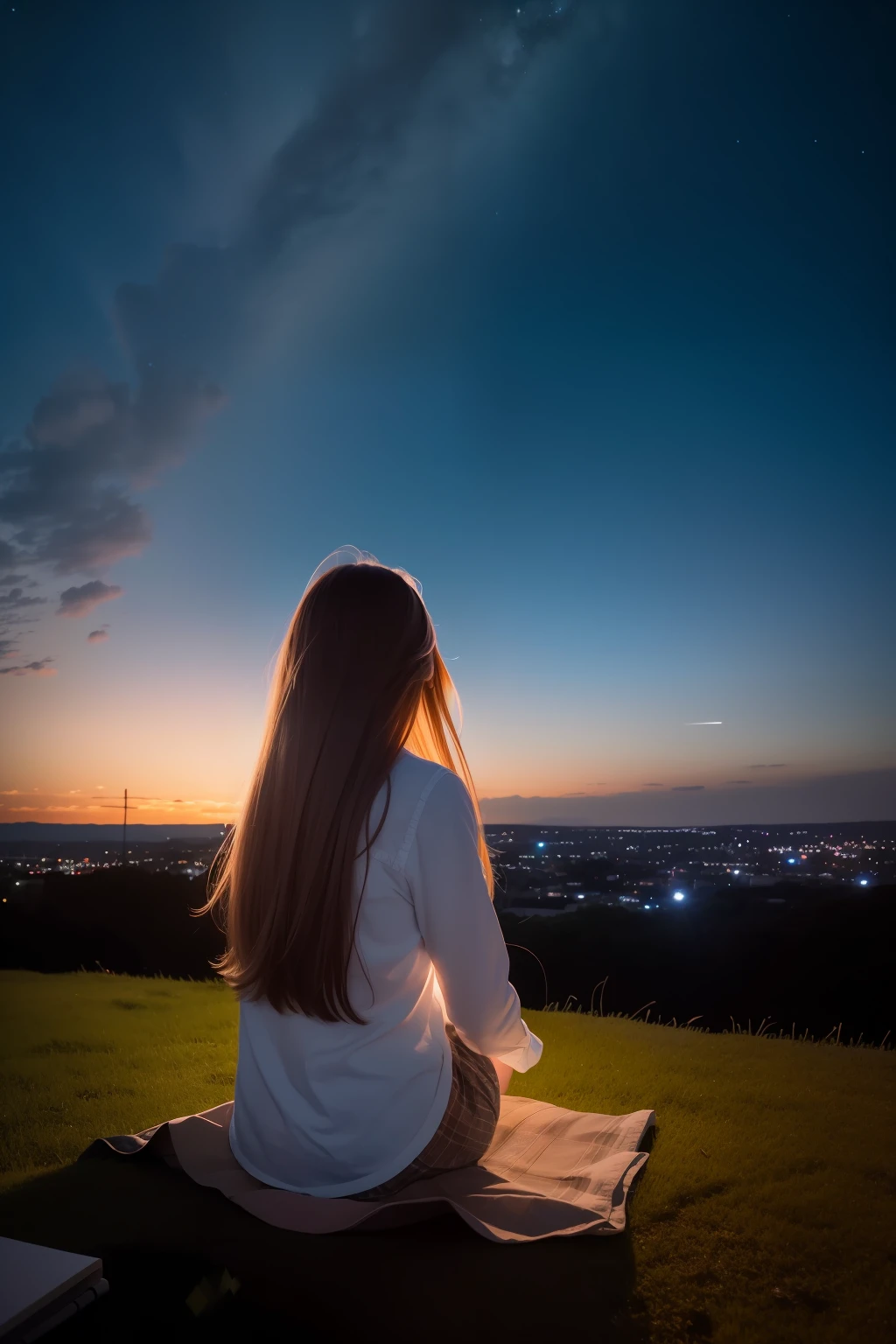octans, sky, stars (sky), landscape, starry sky, night, 1girl, night sky, solo, outdoor, signature, architecture, clouds, milky way, sitting, tree, long hair, city, silhouette, cityscape