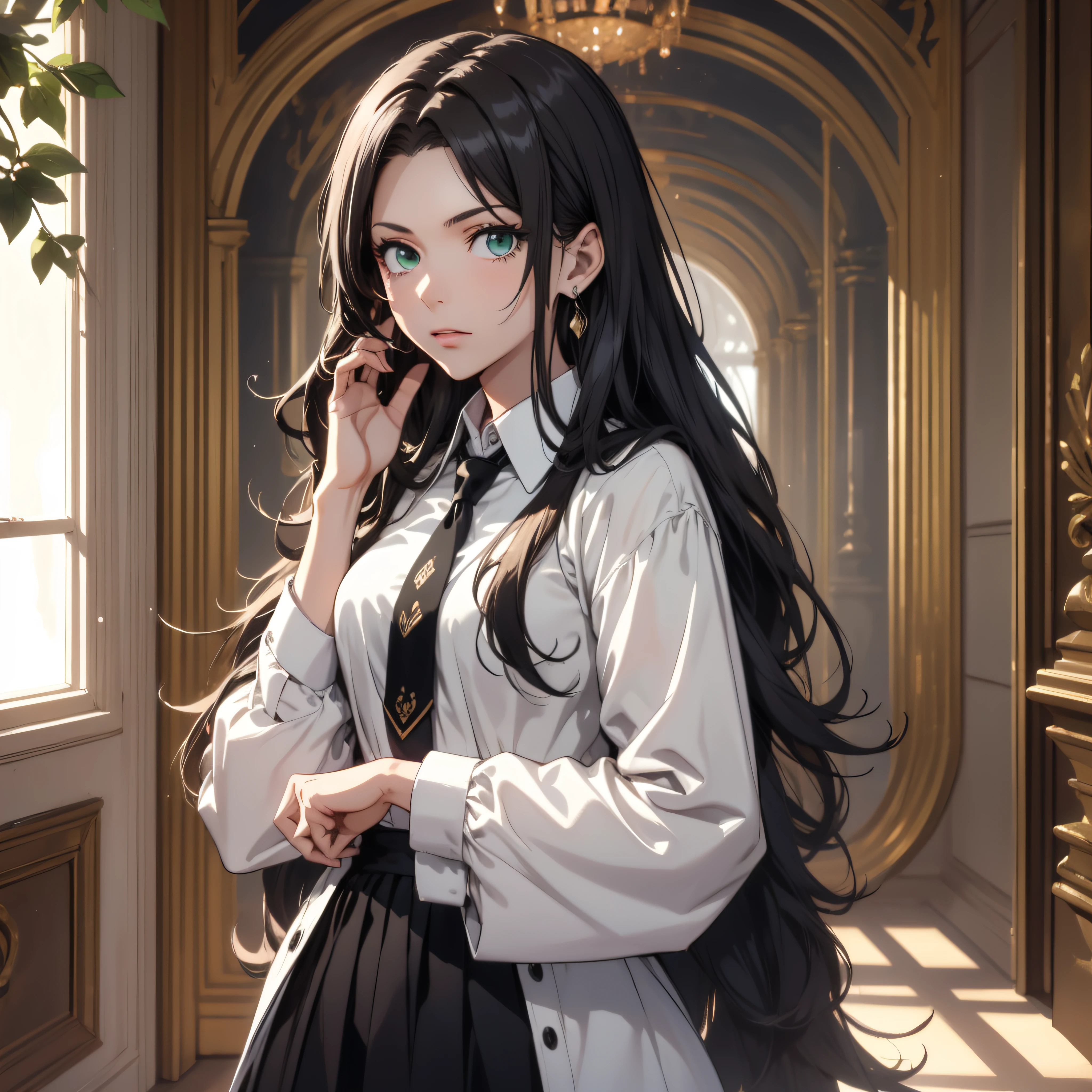 (best quality, masterpiece, ultra-detailed, extremely detailed, highres), (1girl, single, solo), 18 years old Anime girl, long raven hair, slightly wavy hair, parted bangs, Magus, green eyes, earring, long black coat, white shirt, black skirt, necktie, aristocrat, noble attire, beautiful, ethereal, elegant, prestigious, classic, royal building, royal atmosphere