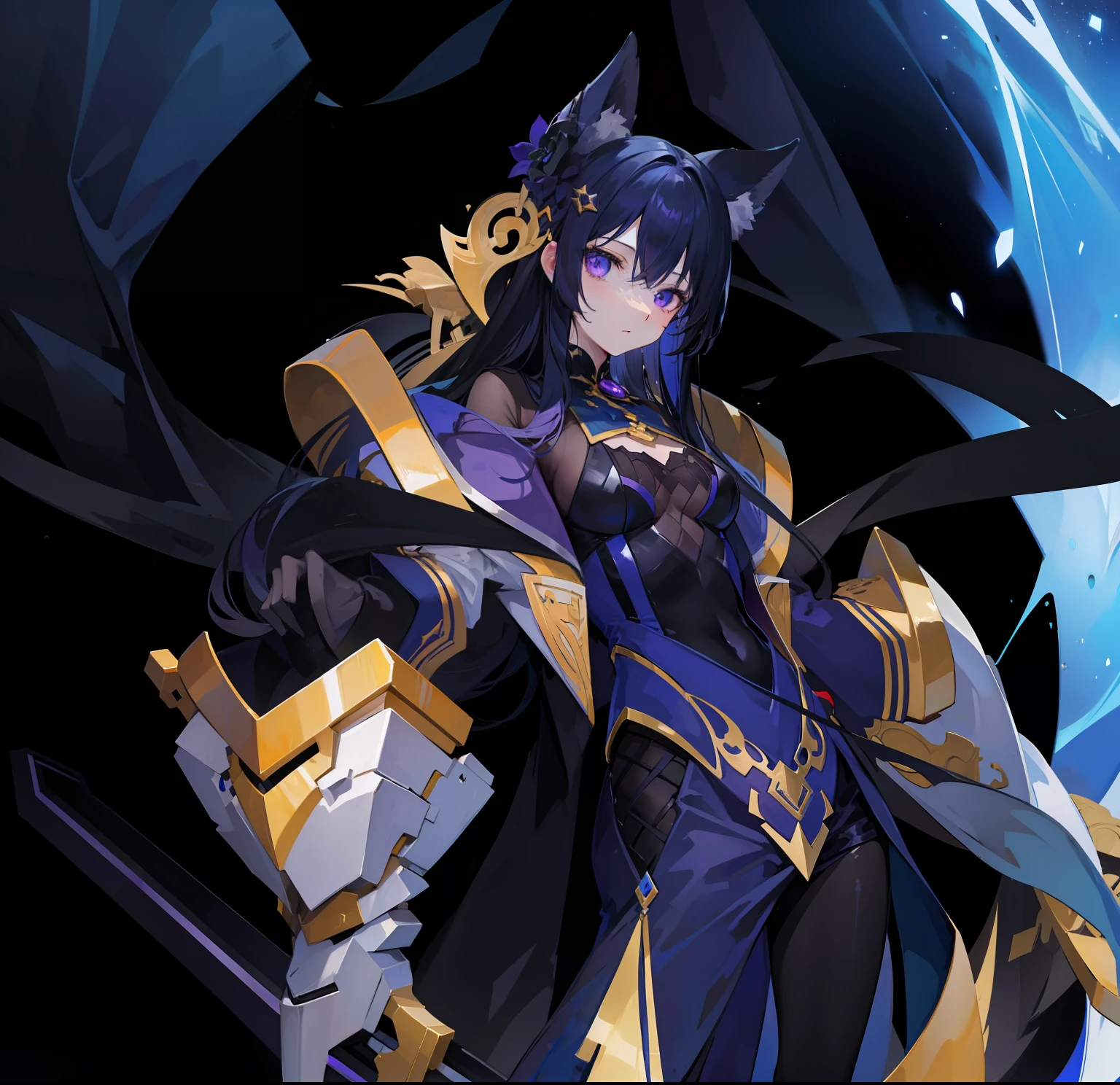 personification，dark blue long hair，a purple eye，Lively girl