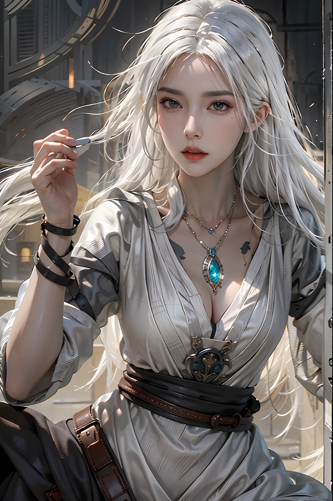 photorealistic, high resolution, 1women, solo, hips up, look at viewer, (detailed face), white hair, sorcerer, dark souls style, fighting with boss, jewelry