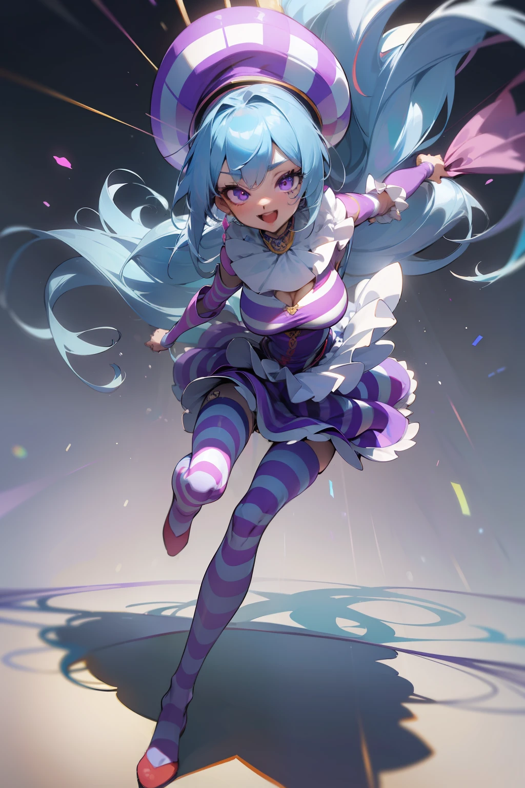 (masterpiece, best quality), intricate details, 8k, sharp focus, (bokeh) (best quality) (detailed skin:1.3) (intricate details) (8k) (detailed eyes) (anime) (perfect face) light blue hair, purple eyes, happy, very long hair, straight hair, dynamic pose, busty, energetic, fun, circus, colourful, clown, bright, excited, full body, dress, striped stockings, hat