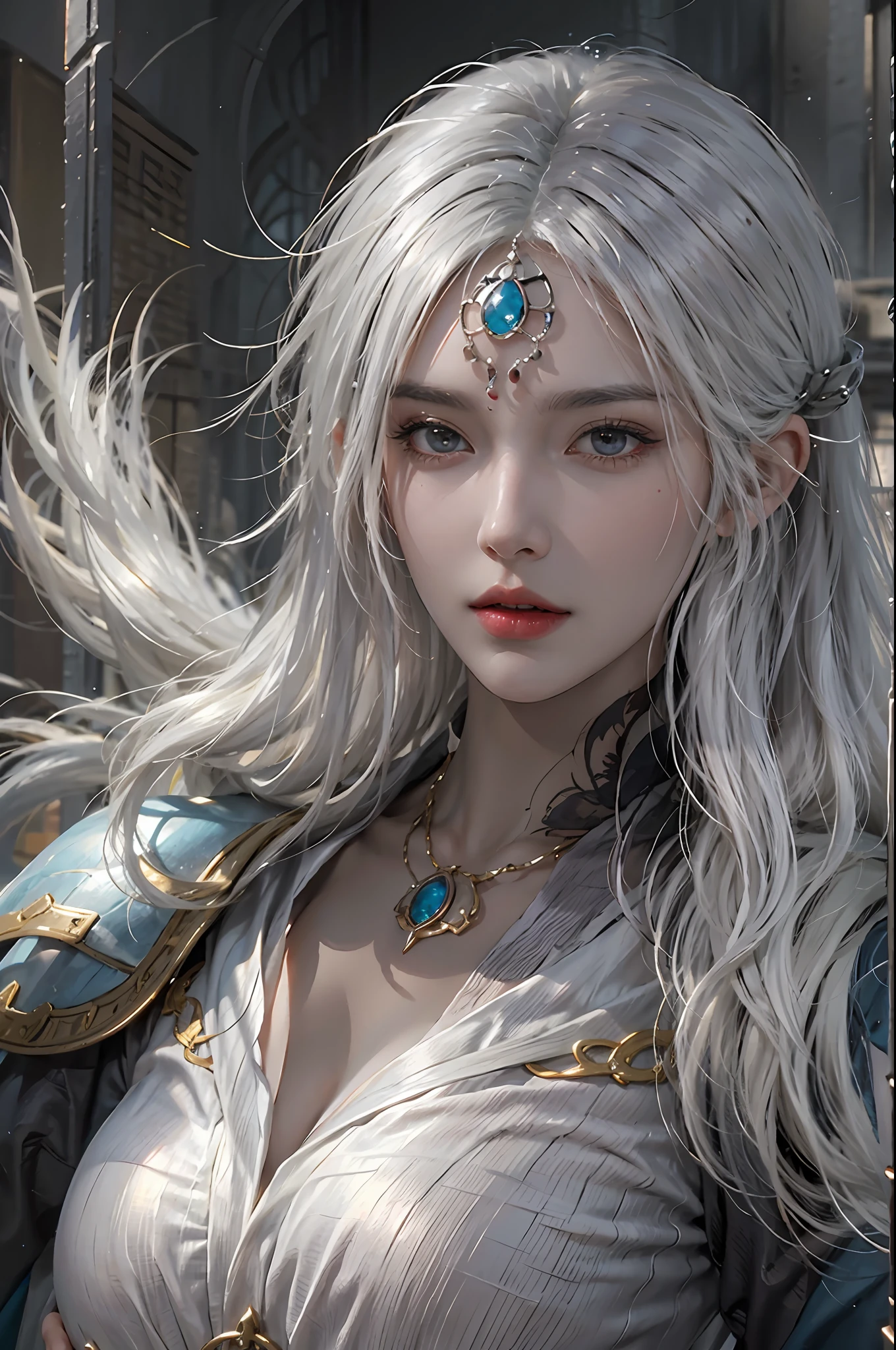 photorealistic, high resolution, 1women, solo, hips up, look at viewer, (detailed face), white hair, sorcerer, dark souls style, fighting with boss, jewelry