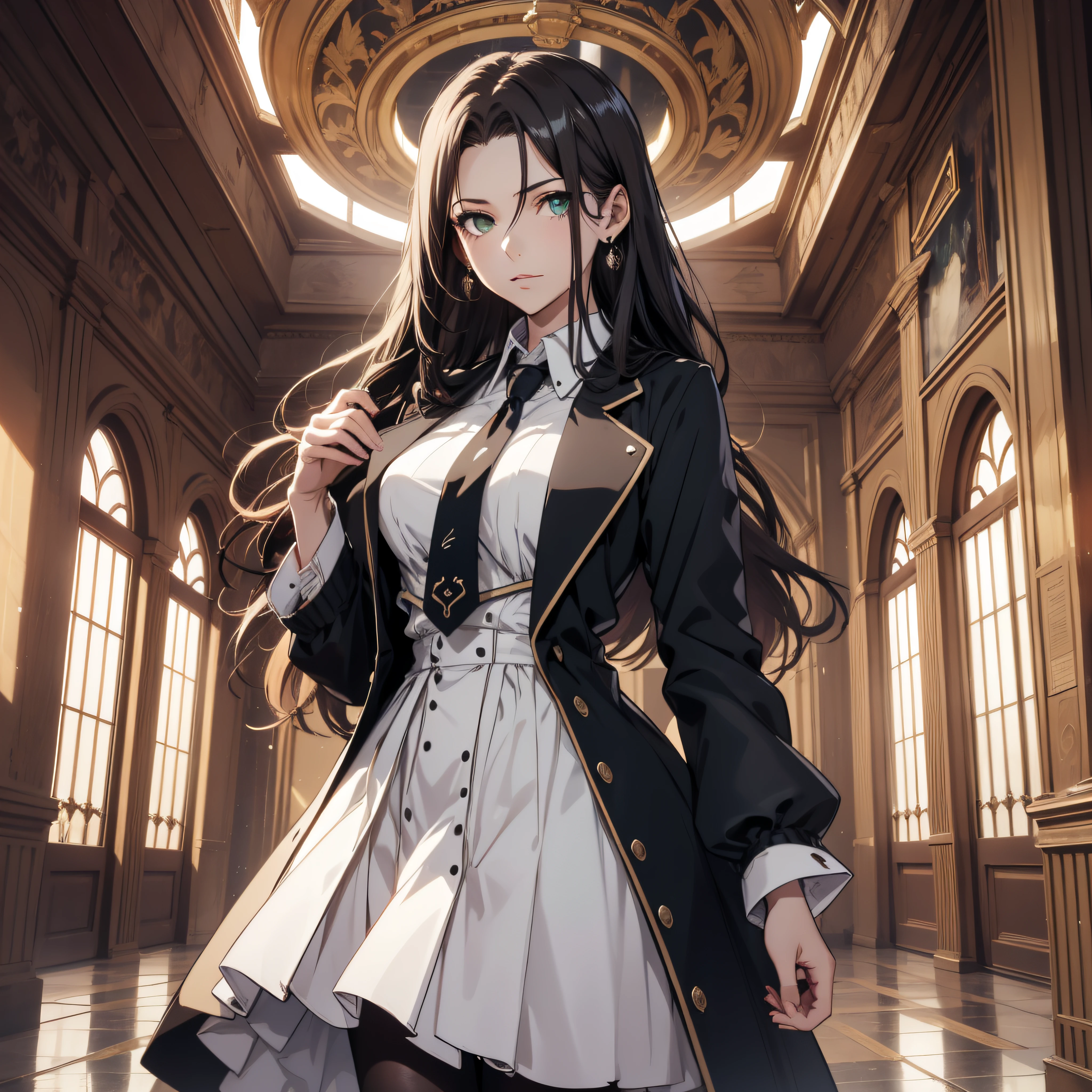 (best quality, masterpiece, ultra-detailed, extremely detailed, highres), (1girl, single, solo), 18 years old Anime girl, long raven hair, slightly wavy hair, parted bangs, Magus, green eyes, earring, long black coat, white shirt, black skirt, necktie, aristocrat, noble attire, beautiful, ethereal, elegant, prestigious, classic, royal building, royal atmosphere