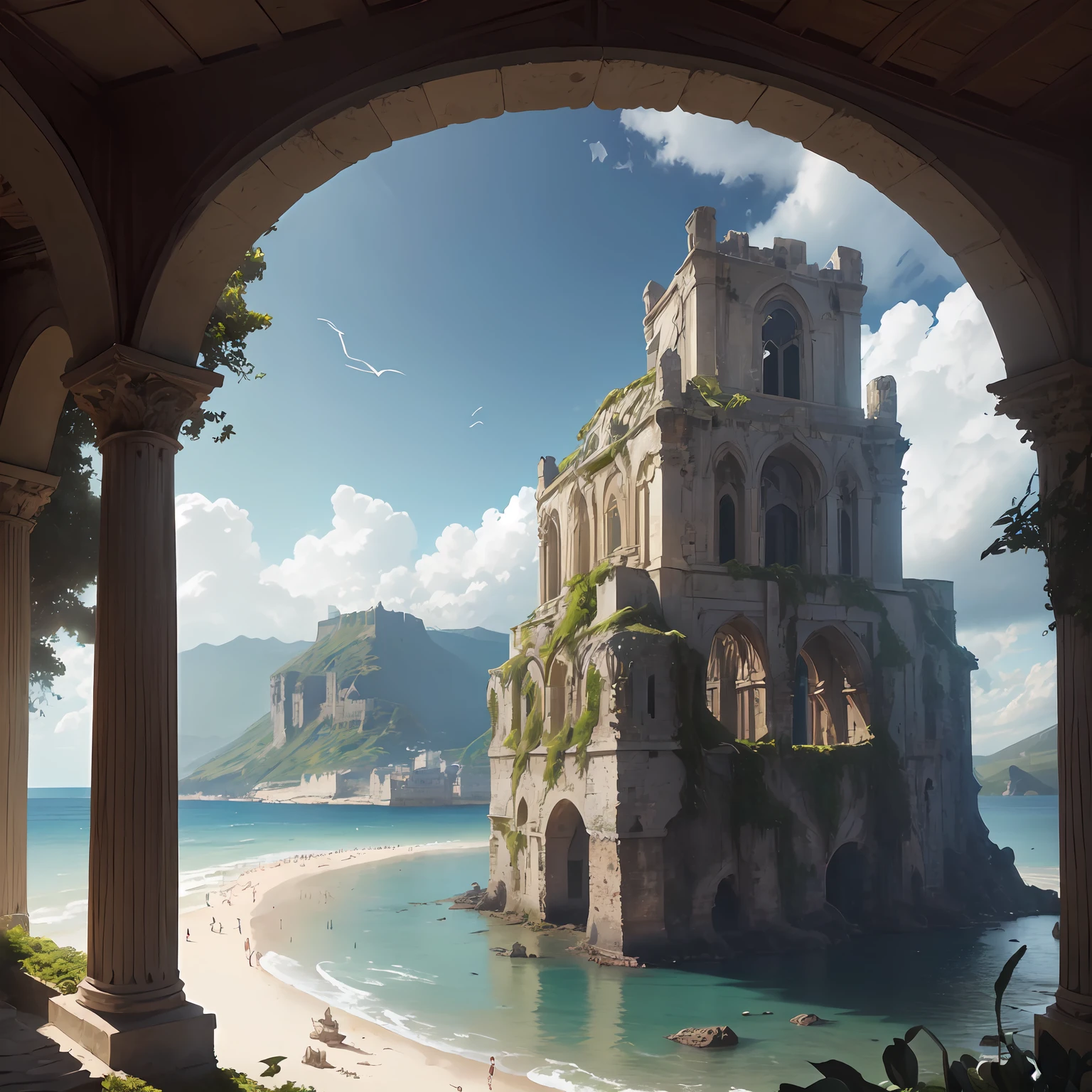 ”Beside a pumice isle in Baiae's bay,
And saw in sleep old palaces and towers
Quivering within the wave's intenser day,
All overgrown with azure moss and flowers”
Ode to the West Wind.(cinematic, 8K, masterpiece, glorious background, dynamic lighting, zoom out, extremely ultra high detail, mesmerizing landscape views)