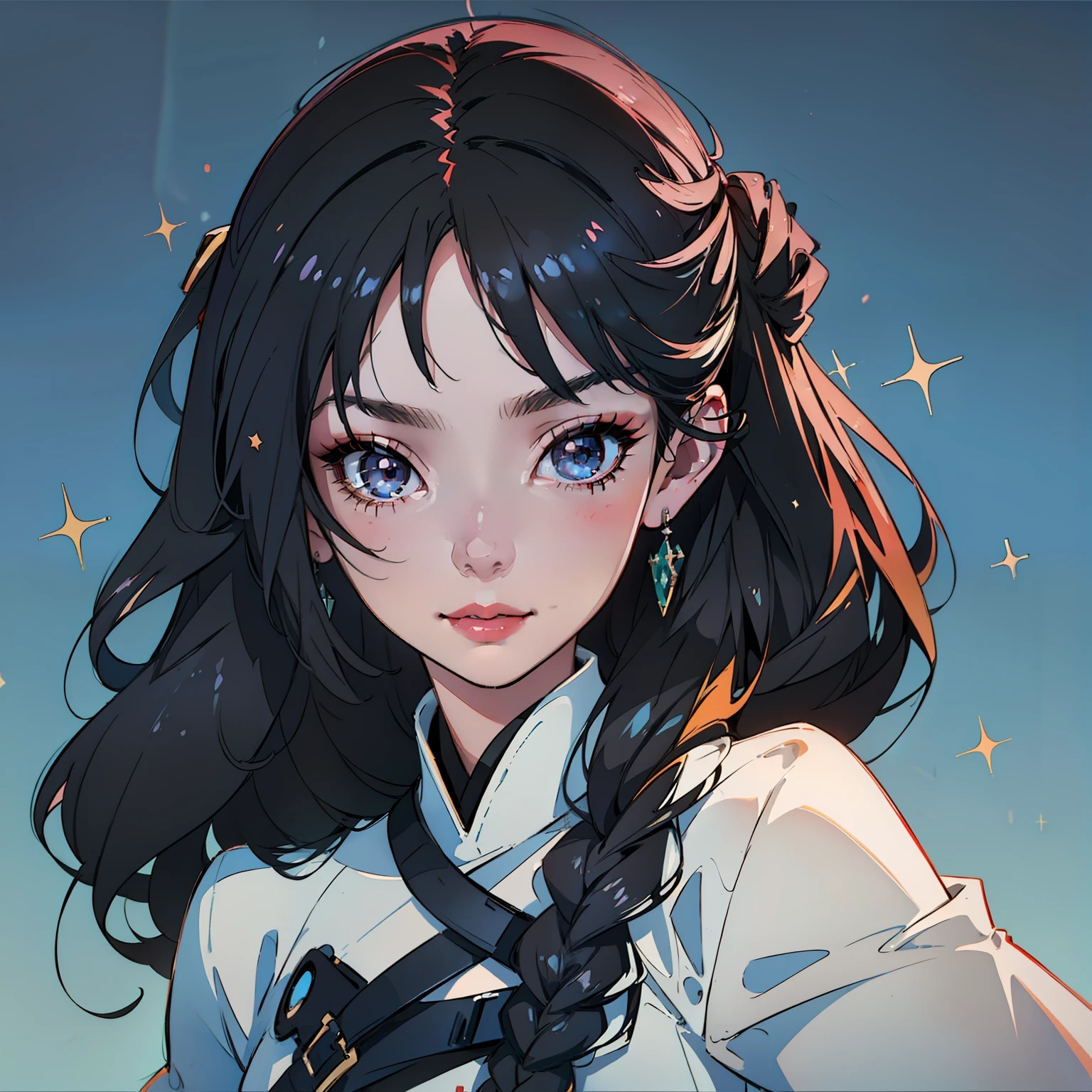 black hair, silver hair, very long hair, side braid, halo, colored eyelashes, pupils sparkling, earrings, sad smile, Surrealism, high detail, Conceptual art, Fujicolor, first-person view, 8k, super detail, masterpiece, textured skin, 1080P, best quality, award winning