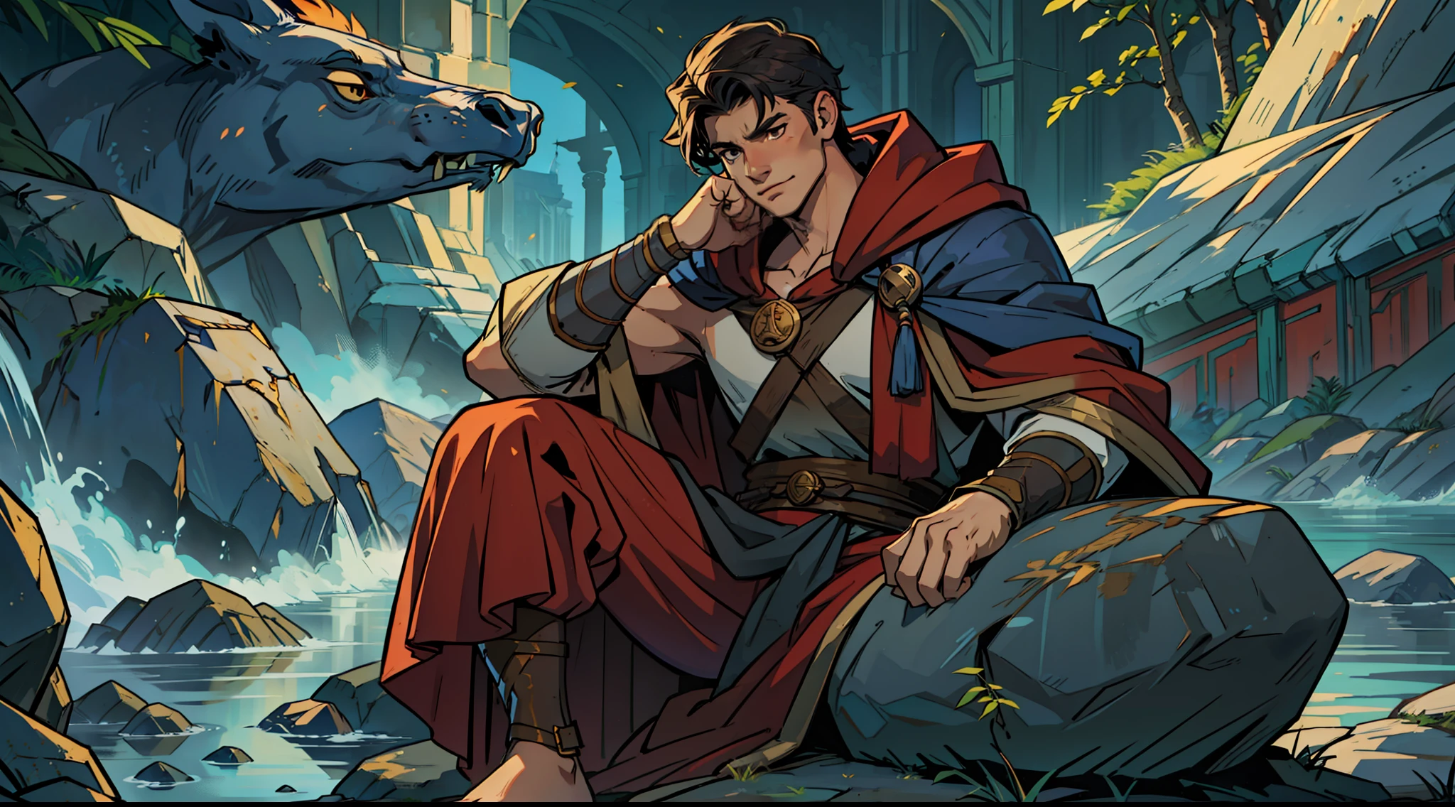 male people，Laid back，laughingly，coziness，solo person，Sit on a stone and rest，period costume，Warriors in the comics，Normal hands, Normal feet，Clothes for the brave,cloaks，Cloak