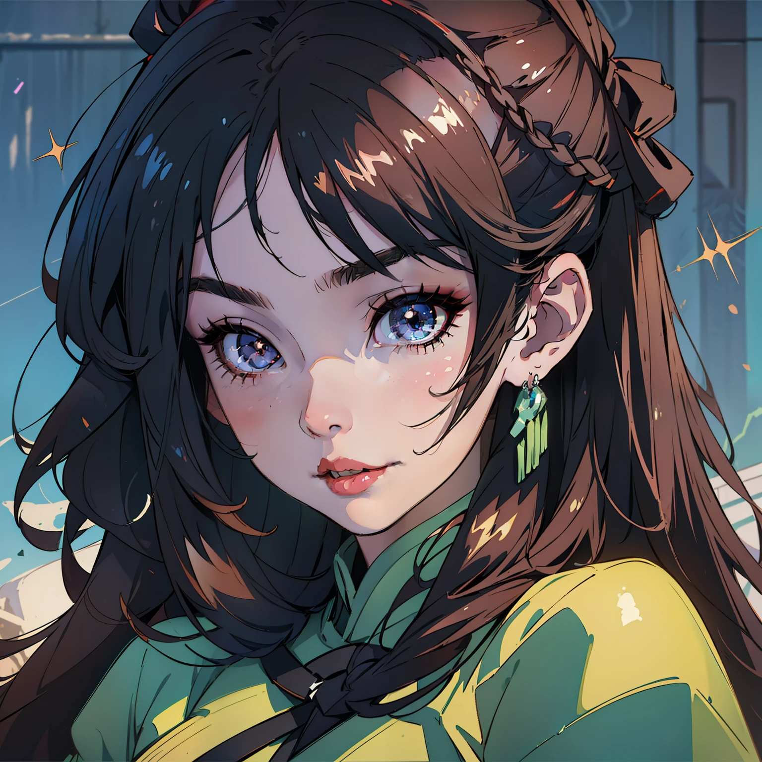 black hair, silver hair, very long hair, side braid, halo, colored eyelashes, pupils sparkling, earrings, sad smile, Surrealism, high detail, Conceptual art, Fujicolor, first-person view, 8k, super detail, masterpiece, textured skin, 1080P, best quality, award winning