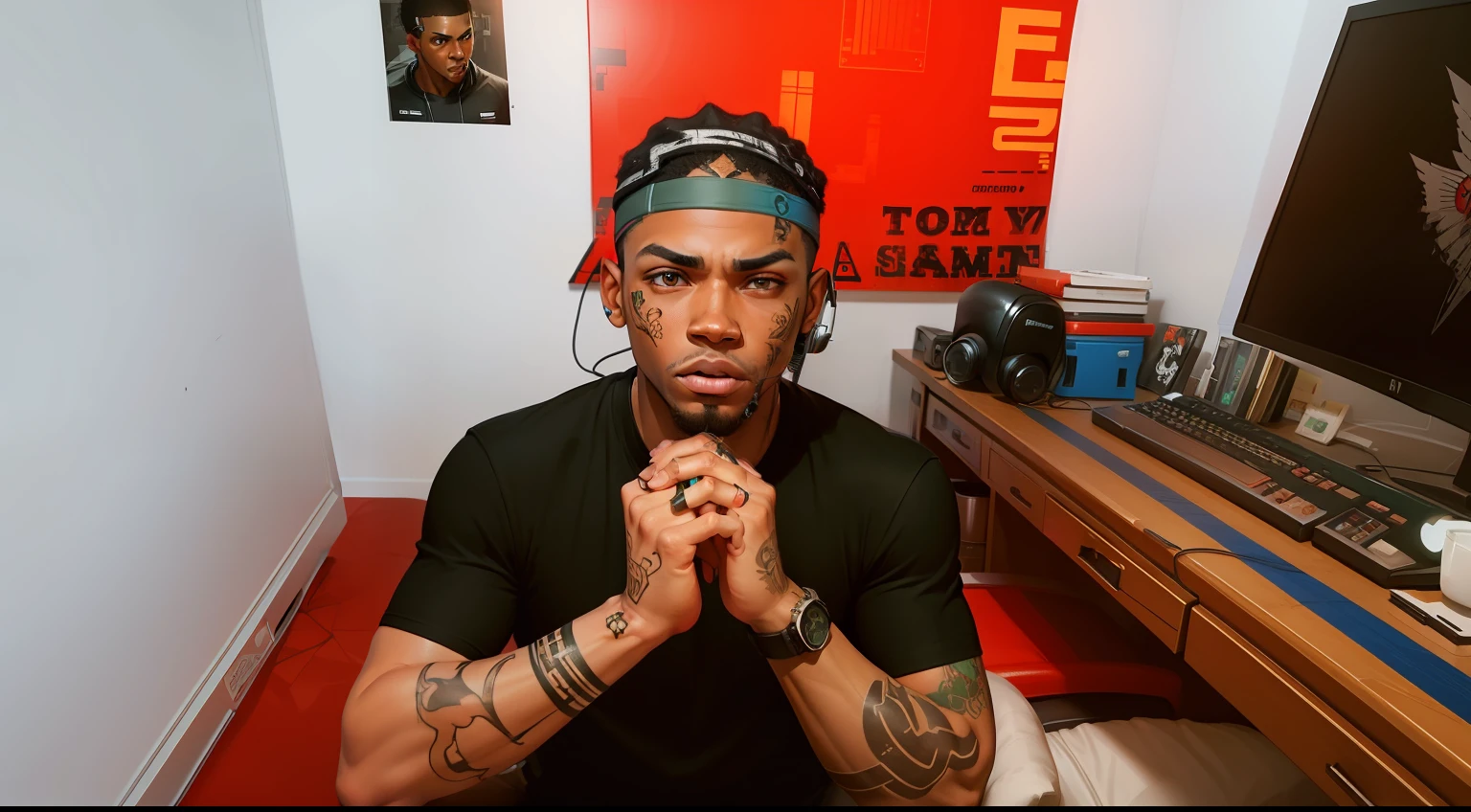 change background gamer  ,streamer hand tattoo gta backgroung  black boy realistic face 8 k