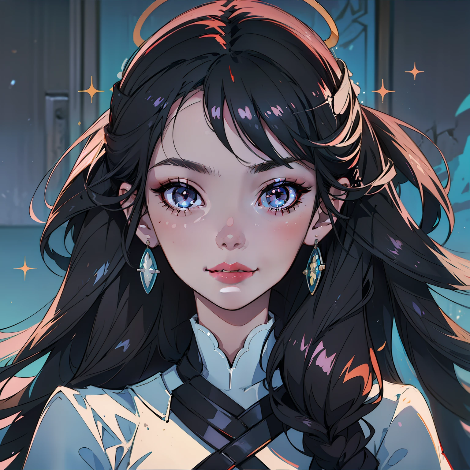 black hair, silver hair, very long hair, side braid, halo, colored eyelashes, pupils sparkling, earrings, sad smile, Surrealism, high detail, Conceptual art, Fujicolor, first-person view, 8k, super detail, masterpiece, textured skin, 1080P, best quality, award winning