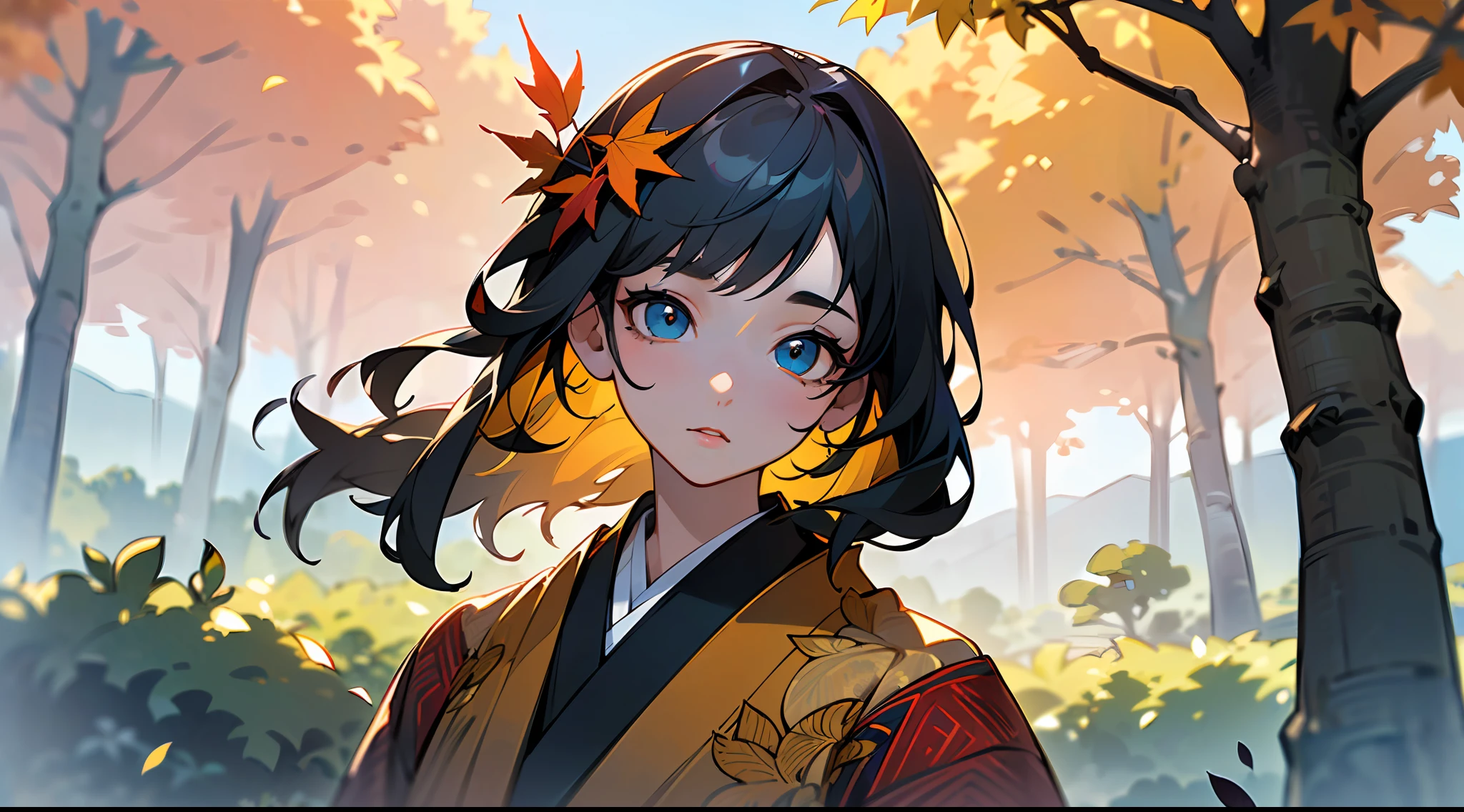 (Masterpiece, top quality, super detailed CG, ultra detailed beautiful face and eyes,super detailed, intricate details:1.2), 8k wallpapers, elaborate features,
(1 person, solo:1.4)perfect cartoon illustration,(1 person, solo:1.4), 
(realistic textures:0.8), high res, 1 girl, kimono, autumn, many trees, dancing leaves, mountains,her whole body is in the illustration