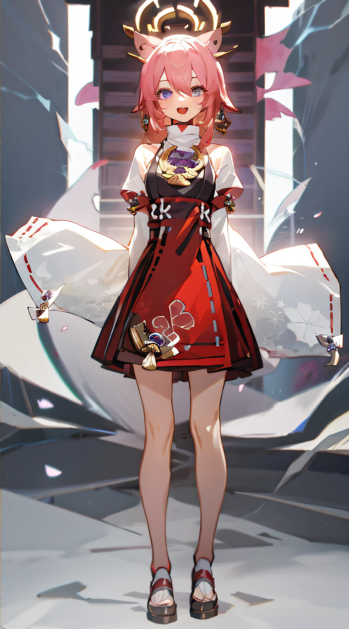 full body, upright, arms at sides, looking at viewer, pure-colored background, 1girl, open mouth, cat ears, smile, yaemikodef