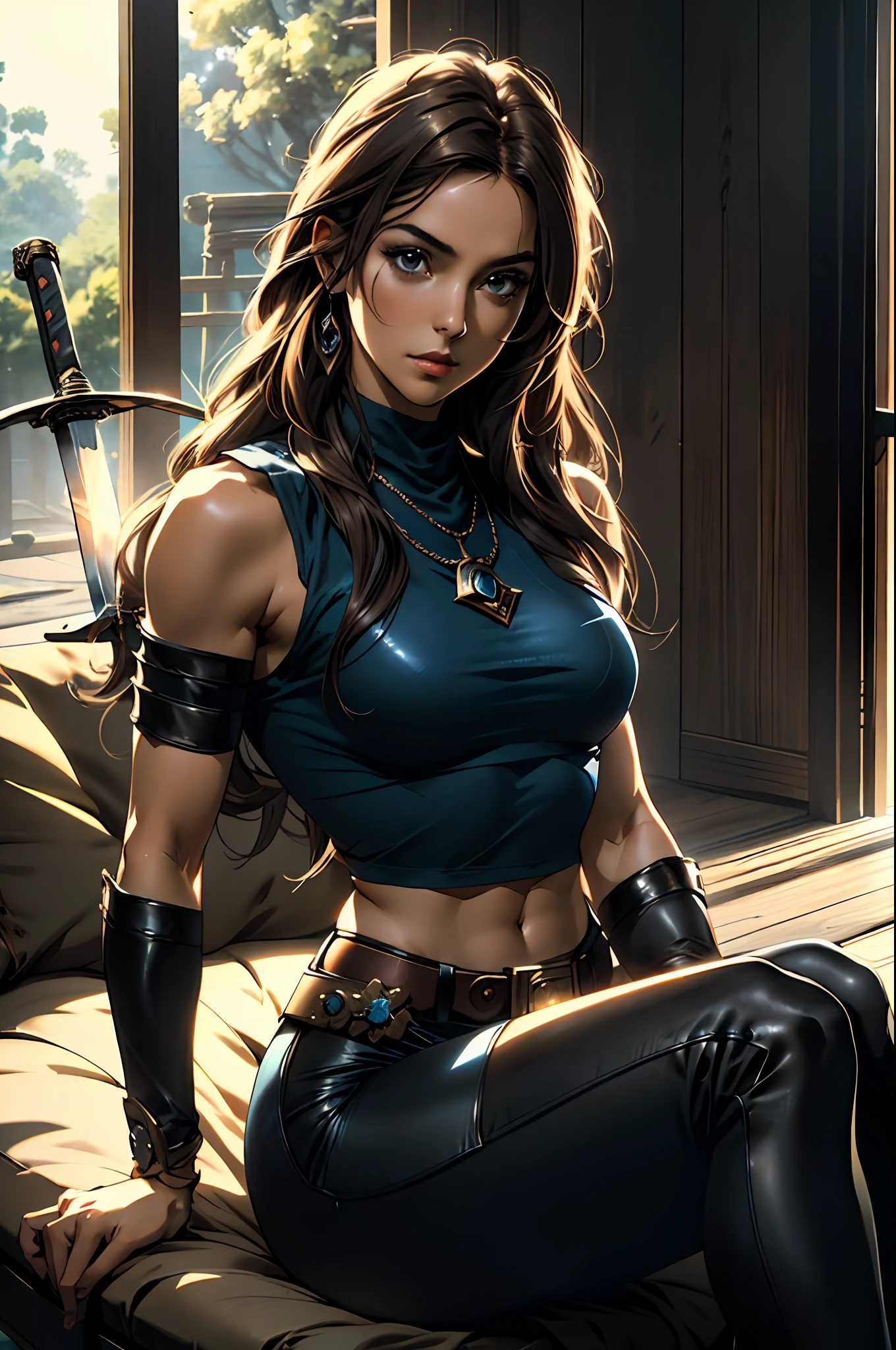 a beautiful woman with long hair, her delicate face exuding a cold and proud gaze, dressed in a high-collared crop top that exposes her waist and sleeveless leather armor, paired with tight-fitting leather pants, showcasing her athletic figure, holds a sword with a blue scabbard in her hand, she lazily sitting on a sofa, the character design depicting a fantasy-style bounty hunter with a Japanese anime design, the artwork features finely detailed character design, showcasing a mature Japanese manga artistic style, ((character concept art)), full body character drawing, high definition, best quality, ultra-detailed, extremely delicate, anatomically correct, symmetrical face, extremely detailed eyes and face, high quality eyes, creativity, RAW photo, UHD, 8k, (Natural light, professional lighting:1.2, cinematic lighting:1.5), (masterpiece:1.5)