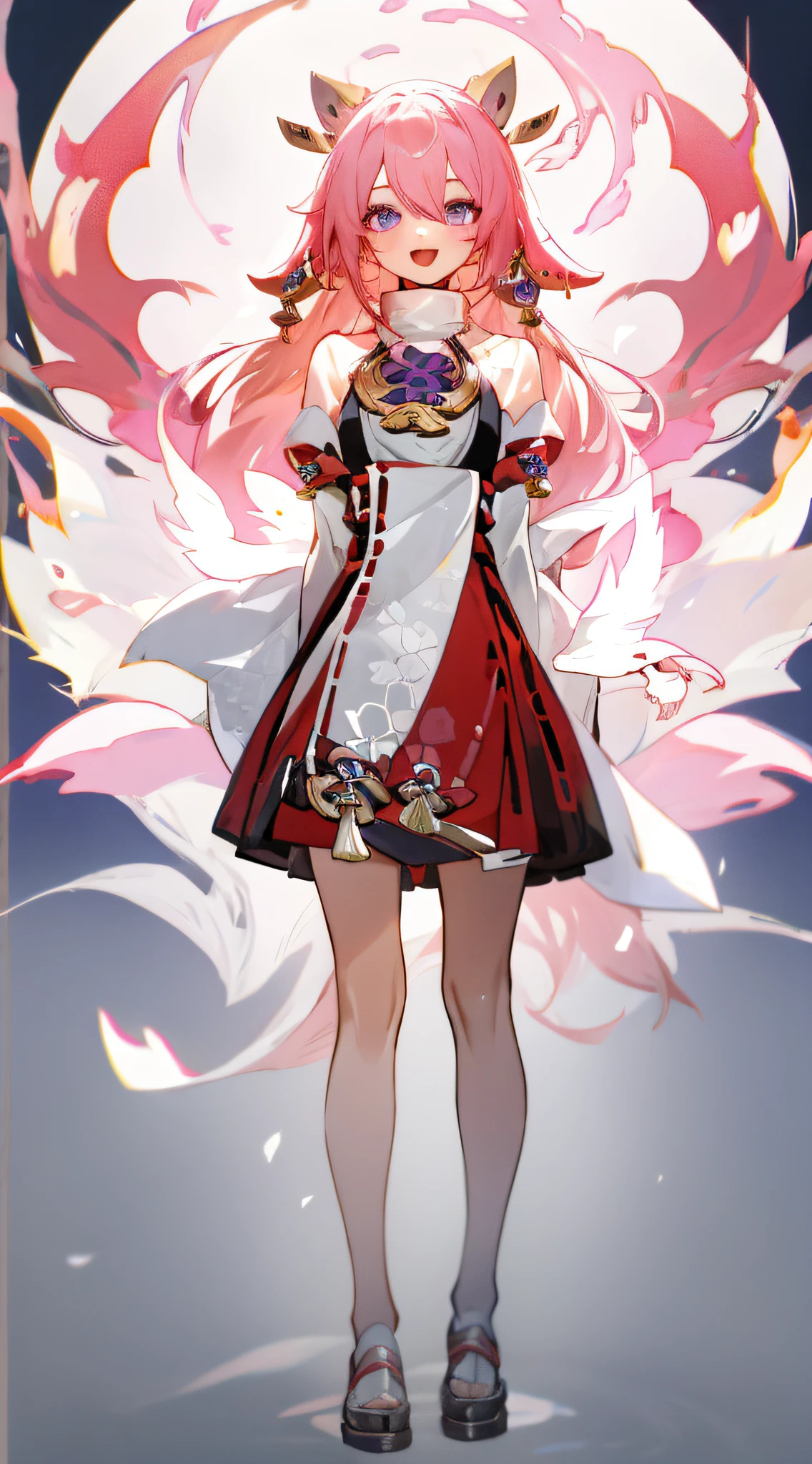 full body, upright, arms at sides, looking at viewer, pure-colored background, 1girl, open mouth, cat ears, smile, yaemikodef