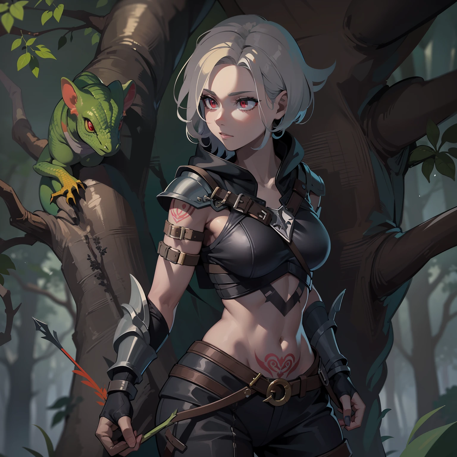 (high res, best quality, masterpiece), soft lighting, vivid colors, HD 4K, adult woman, (solo), ((anthro reptilian woman)), (lizard arms, scaled legs), has a lizard tail, spiked tail, short blond hair, red eyes, (highly detailed eyes), adventurous, in the forest, on a tree branch, tattoos on arms, pale skin, pale complexion, greyish skin, full body, slim body, fitted armor, wearing a breastplate, has on a hood, long pants, pants: Black, leather jacker, fingerless gloves, bow and arrow, hiding in the shadows