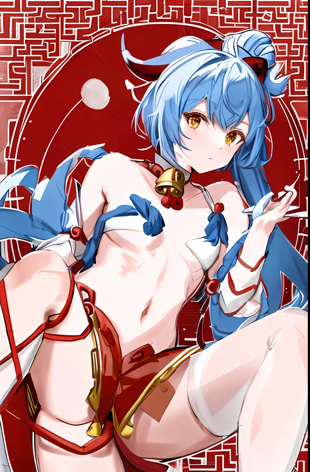Draw a girl with red devil horns, A bell is tied around his neck, On his right hand, he wears a cat's paw glove with a white pink meat pad,The upper body is wearing a short and open-chested white tights,holding a pudica pose, Line drawings are colored,blue hairs,the original god,Genshin Ganyu,
