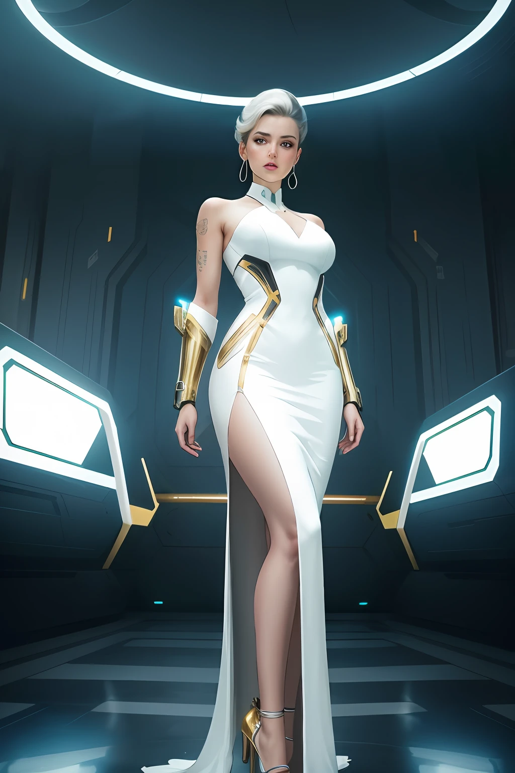 A woman in a white dress and golden cheeky shoes, die in einem raum steht, in white futuristic clothes, Einfache futuristische Cyborg-Kaiserin, Futuristische Kleidung, modische futuristische frau, Trend auf ArtStation, cinematic goddess body shot, Cyberpunk Kleid, Full-body CGInft, White cyborg fashion shot, cyborg modemodell, Sci-Fi-Frauenfigur, futuristic and ethereal, Biopunk Futuristische Garderobe, Beinschlitz