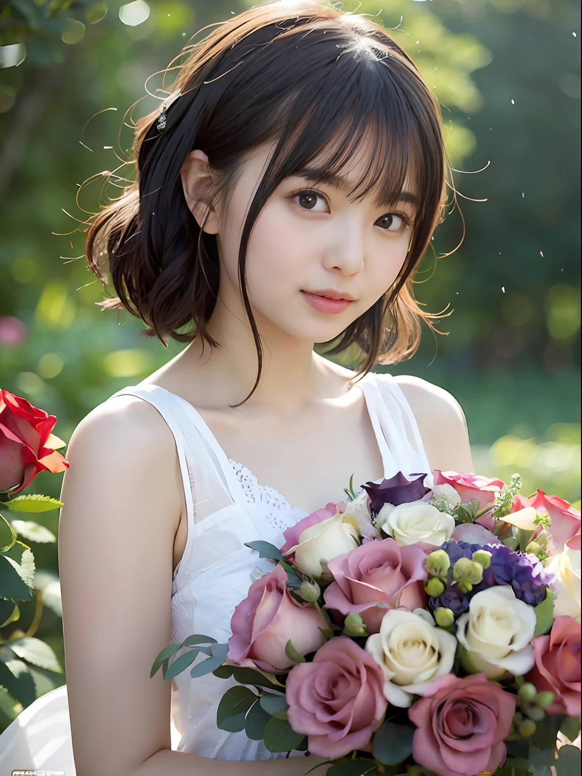 (((fully body photo)))), ((Single Eyelids))),((Sunset backlight))),(lens flare glow)),(Wear Republican clothing)),(Super Soft Focus)))))), ssmile, (Configuration file)))), (Upp)), at twilight, Showers, Colorful roses on background, Surrounded by roses, Take the roses, For example, For example((pastel sunset)), (yinchuan:1.5), tmasterpiece, best qualtiy, RAW photogr, Photorealsitic, the face, beuaty girl,Cute bouquet of roses in hand, short detailed hair, ((((depth of fields)))), A high resolution, Hyper-detailing, finedetail, Very detailed, cinmatic lighting