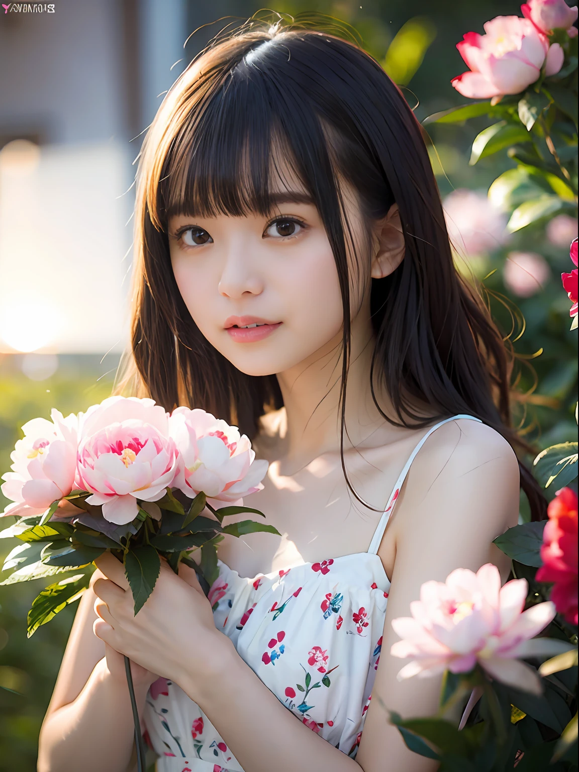 （（（fully body photo））））， （（Single Eyelids））），（（Sunset backlight））），（lens flare glow）），（Wear Republican clothing）），（Super Soft Focus））））））， ssmile， （Configuration file））））， （Upp））， at twilight， Showers， Colorful peony flowers on background， Surrounded by peony flowers， Take peony flowers, for example, For example（（pastel sunset））， （yinchuan：1.5）， tmasterpiece， best qualtiy， RAW photogr， Photorealsitic， the face， beuaty girl，Holding a bouquet of peony flowers cute， short detailed hair， （（（（depth of fields））））， A high resolution， Hyper-detailing， finedetail， Very detailed， cinmatic lighting