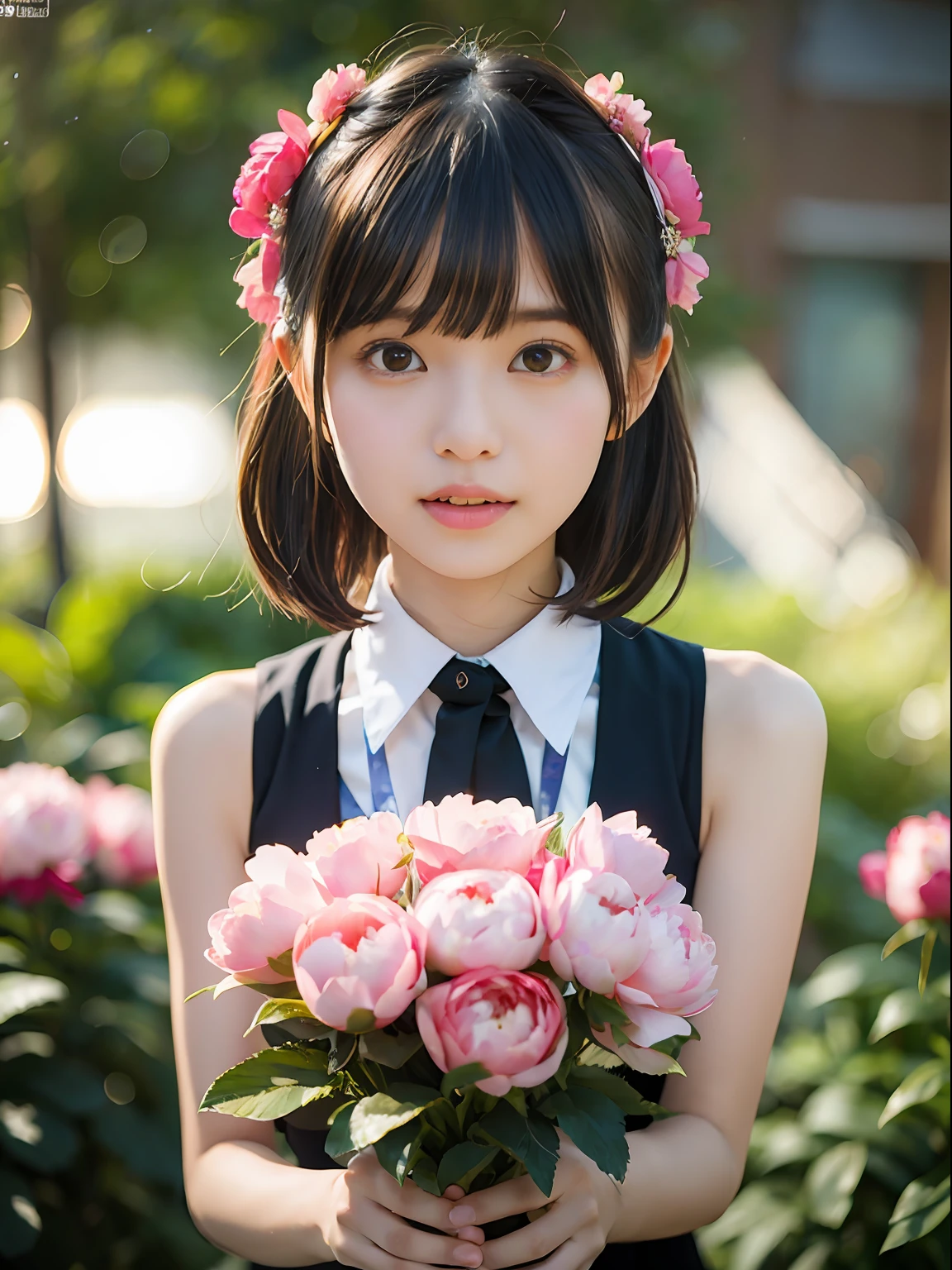 （（（fully body photo））））， （（Single Eyelids））），（（Sunset backlight））），（lens flare glow）），（Wear Republican clothing）），（Super Soft Focus））））））， ssmile， （Configuration file））））， （Upp））， at twilight， Showers， Colorful peony flowers on background， Surrounded by peony flowers， Take peony flowers, for example, For example（（pastel sunset））， （yinchuan：1.5）， tmasterpiece， best qualtiy， RAW photogr， Photorealsitic， the face， beuaty girl，Holding a bouquet of peony flowers cute， short detailed hair， （（（（depth of fields））））， A high resolution， Hyper-detailing， finedetail， Very detailed， cinmatic lighting