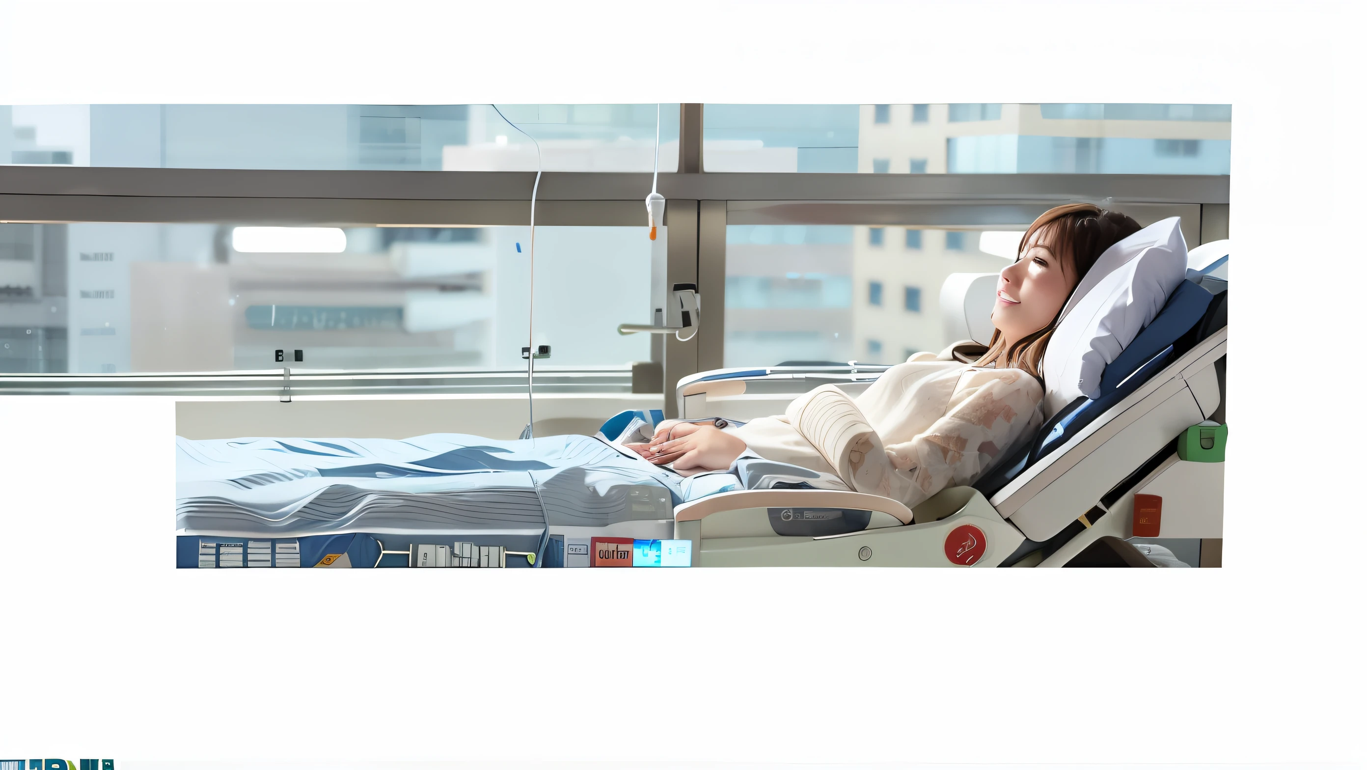 There was a woman lying on a hospital bed dripping, in hospital bed, iv drip, iv drip, surgical iv drip, iv drip, surgical iv bag, Good morning, sickroom, ots shot, at the hospital in patient gown, a long-shot, hospitals, Viral image, Medical photography,
