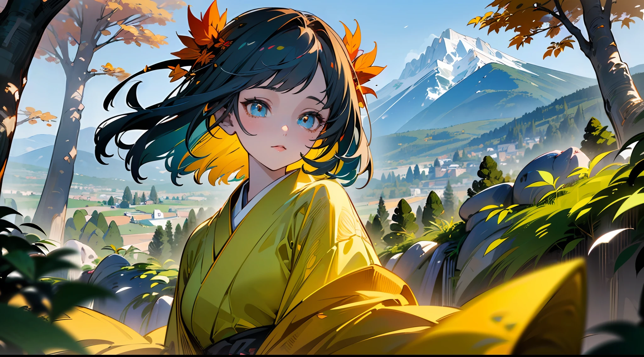 (Masterpiece, top quality, super detailed CG, ultra detailed beautiful face and eyes,super detailed, intricate details:1.2), 8k wallpapers, elaborate features,
(1 person, solo:1.4)perfect cartoon illustration,(1 person, solo:1.4),
(realistic textures:0.8), high res, 1 girl, kimono, autumn, many trees, dancing leaves, mountains,her whole body is in the illustration