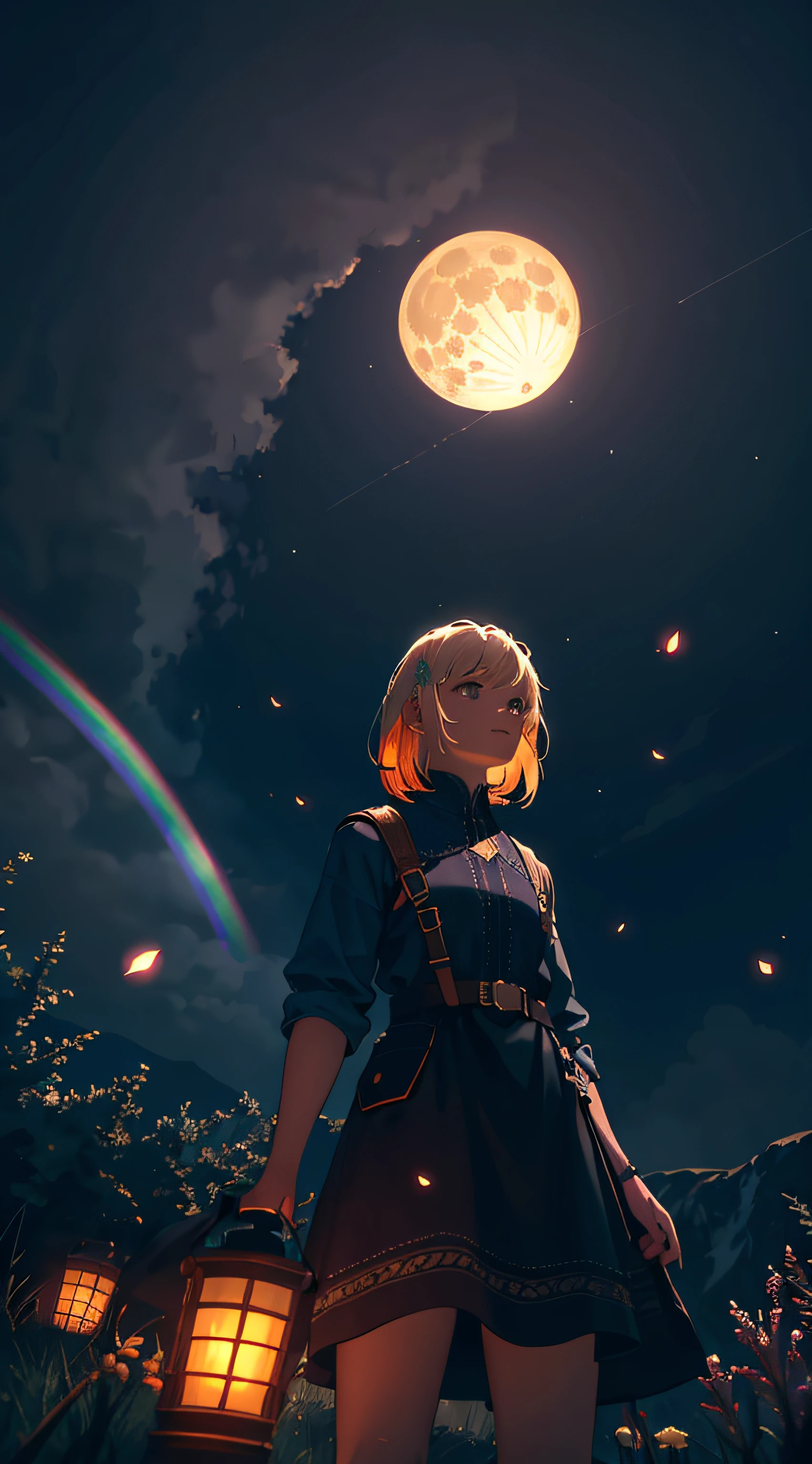 Vast landscape photo, (viewed from below, the sky is above and the open field is below), a girl standing on a flower field looking up, (full moon: 1.2), (meteor: 0.9), (nebula: 1.3), distant mountains , Trees BREAK Crafting Art, (Warm Light: 1.2), (Fireflies: 1.2), Lights, Lots of Purple and Orange, Intricate Details, Volumetric Lighting, Realism BREAK (Masterpiece: 1.2), (Best Quality), 4k, Ultra-Detailed, (Dynamic Composition: 1.4), Very Detailed, Colorful Details, (Rainbow Colors: 1.2), (Glow Lighting, Atmospheric Lighting), Dreamy, Magical, (Solo: 1.2)