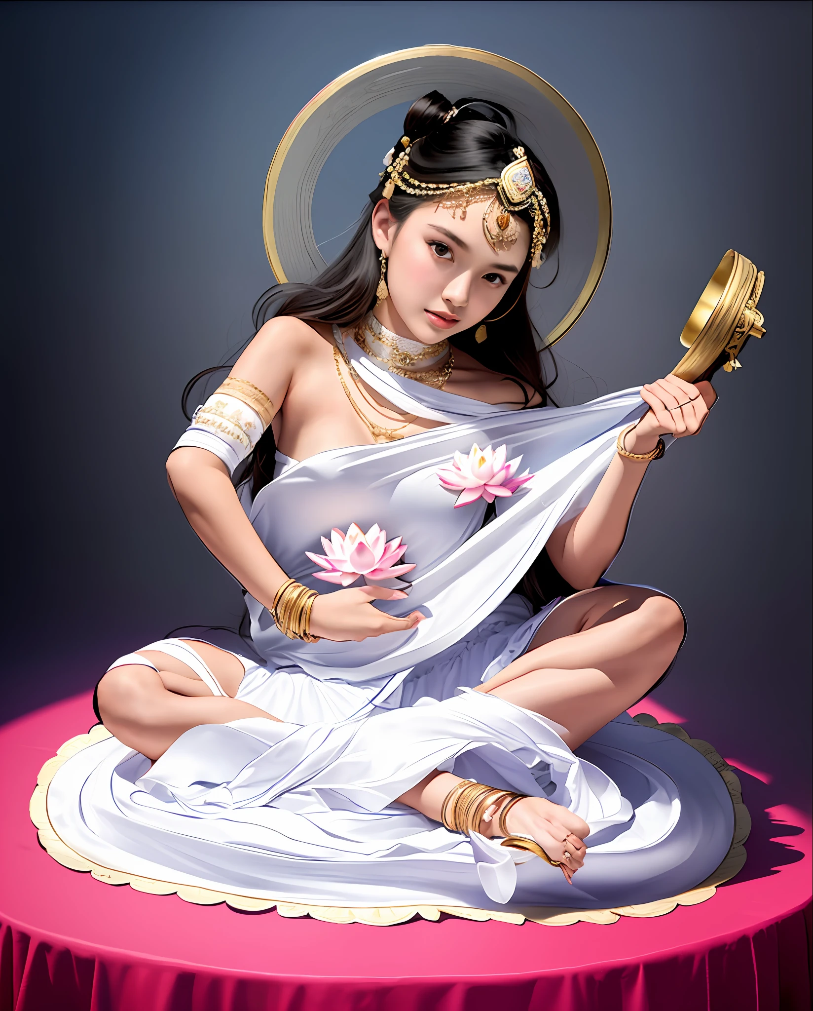 ((Masterpiece, Best_quality)), 1girll, (真实感:1.4), Solo, White_Background, black_Hair, Long_Hair, zettai_ryouiki, Skirt, ((full_Body)),There is a beautiful goddess in the void,Young girl,(((Goddess in white))),(((Sit on the pink lotus platform))),long eyebrow,Beautiful eyes sparkle,二重まぶた,Black hair,Indian girl,Plump and rosy lips,Fair skin is delicate and smooth,Radiant skin,A delicate and ornate crown,inlaid gemstones,choker necklace,Yingluo,Fair and delicate skin,bangle,ankle bracelets,Sitting on a platform in the air,lute in hand,There are strings on the lute,The lute is very delicate,white skinned,(((Correct body structure))),White tulle garment,blue-sky,fresh flowers,(nice hand),(Good feet),(good legs),realisticlying,white skinned,no-bra,Streamers,Blowing in the wind,Kim In-ro belt,Silk skirt floating,((Correct body structure)),blue-sky,Clean skies,Head background with round light,Behind him is a faint rainbow circle,Front lighting,No shadows on the face,Unreal space,ethereal world,Pure background,tmasterpiece,4K,ultra-definition,professional photoshooting,