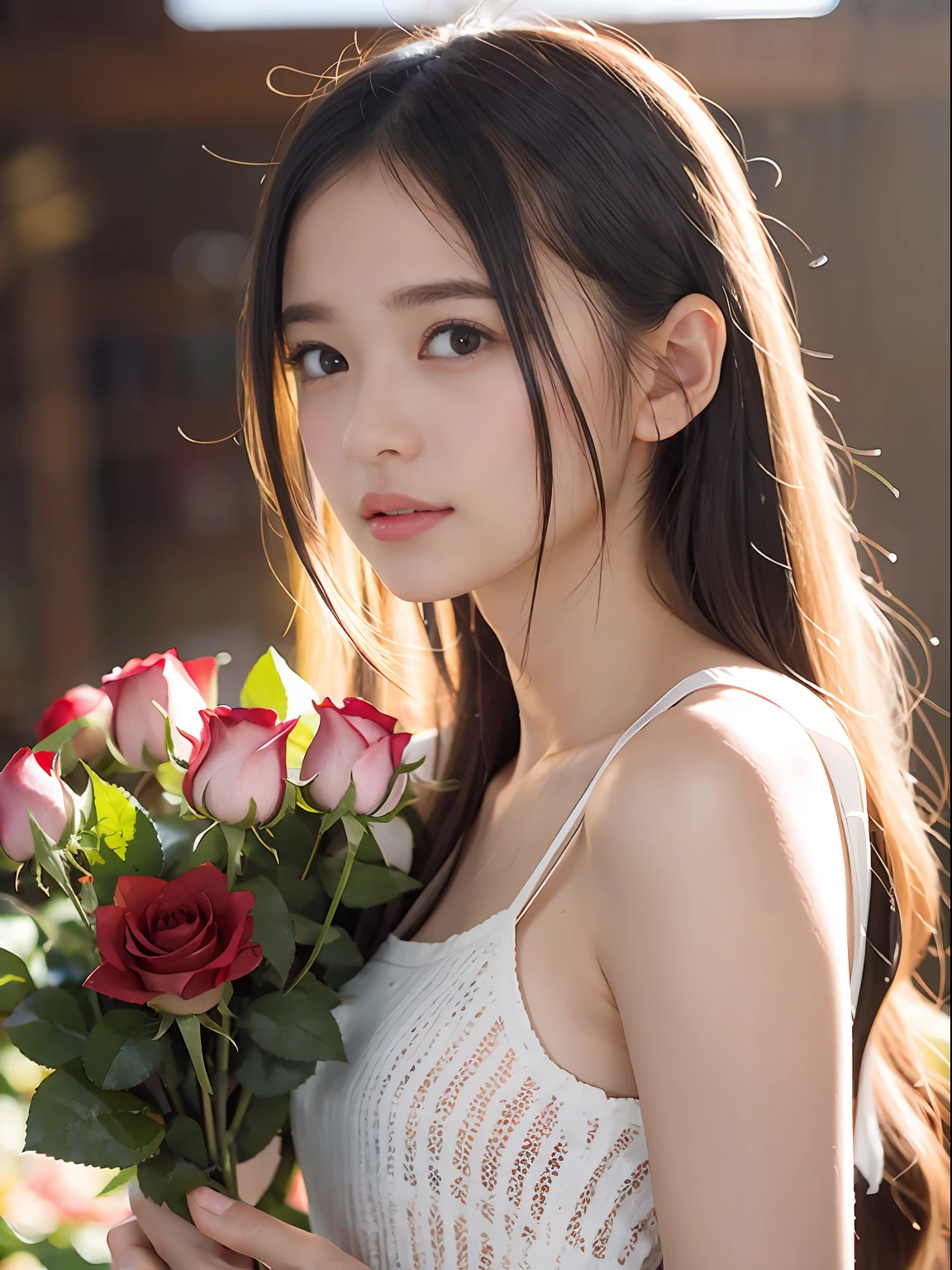 (((fully body photo)))), ((Single Eyelids))),((Sunset backlight))),(lens flare glow)),(Wear Republican clothing)),(Super Soft Focus)))))), ssmile, (Configuration file)))), (Upp)), at twilight, Showers, Colorful roses on background, Surrounded by roses, Take roses, For example, For example((pastel sunset)), (yinchuan:1.5), tmasterpiece, best qualtiy, RAW photogr, Photorealsitic, the face, beuaty girl,Lovely bouquet of roses in hand, short detailed hair, ((((depth of fields)))), A high resolution, Hyper-detailing, finedetail, Very detailed, cinmatic lighting