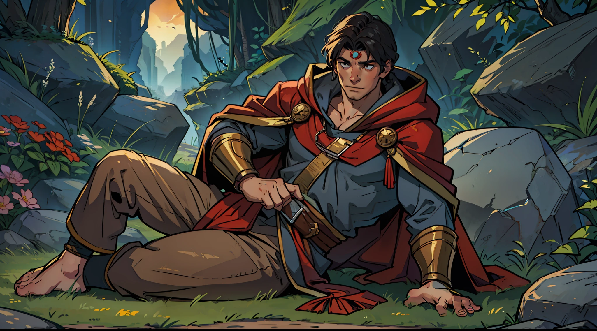male people,Laid back,laughingly,coziness,solo person,Sit on a stone and rest,period costume,Warriors in the comics,Normal hands, Normal feet,Clothes for the brave,cloaks,Cloak,Snickering,Bad laughs