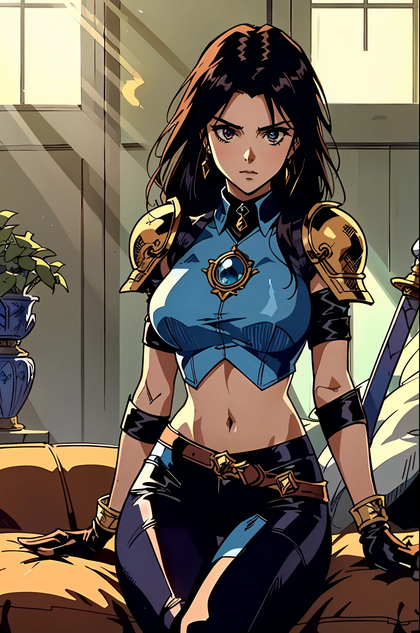 a beautiful woman with long hair, her delicate face exuding a cold and proud gaze, dressed in a high-collared crop top that exposes her waist and sleeveless leather armor, paired with tight-fitting leather pants, showcasing her athletic figure, holds a sword with a blue scabbard in her hand, she lazily sitting on a sofa, the character design depicting a fantasy-style bounty hunter with a Japanese anime design, the artwork features finely detailed character design, showcasing a mature Japanese manga artistic style, ((character concept art)), full body character drawing, high definition, best quality, ultra-detailed, extremely delicate, anatomically correct, symmetrical face, extremely detailed eyes and face, high quality eyes, creativity, RAW photo, UHD, 8k, (Natural light, professional lighting:1.2, cinematic lighting:1.5), (masterpiece:1.5)